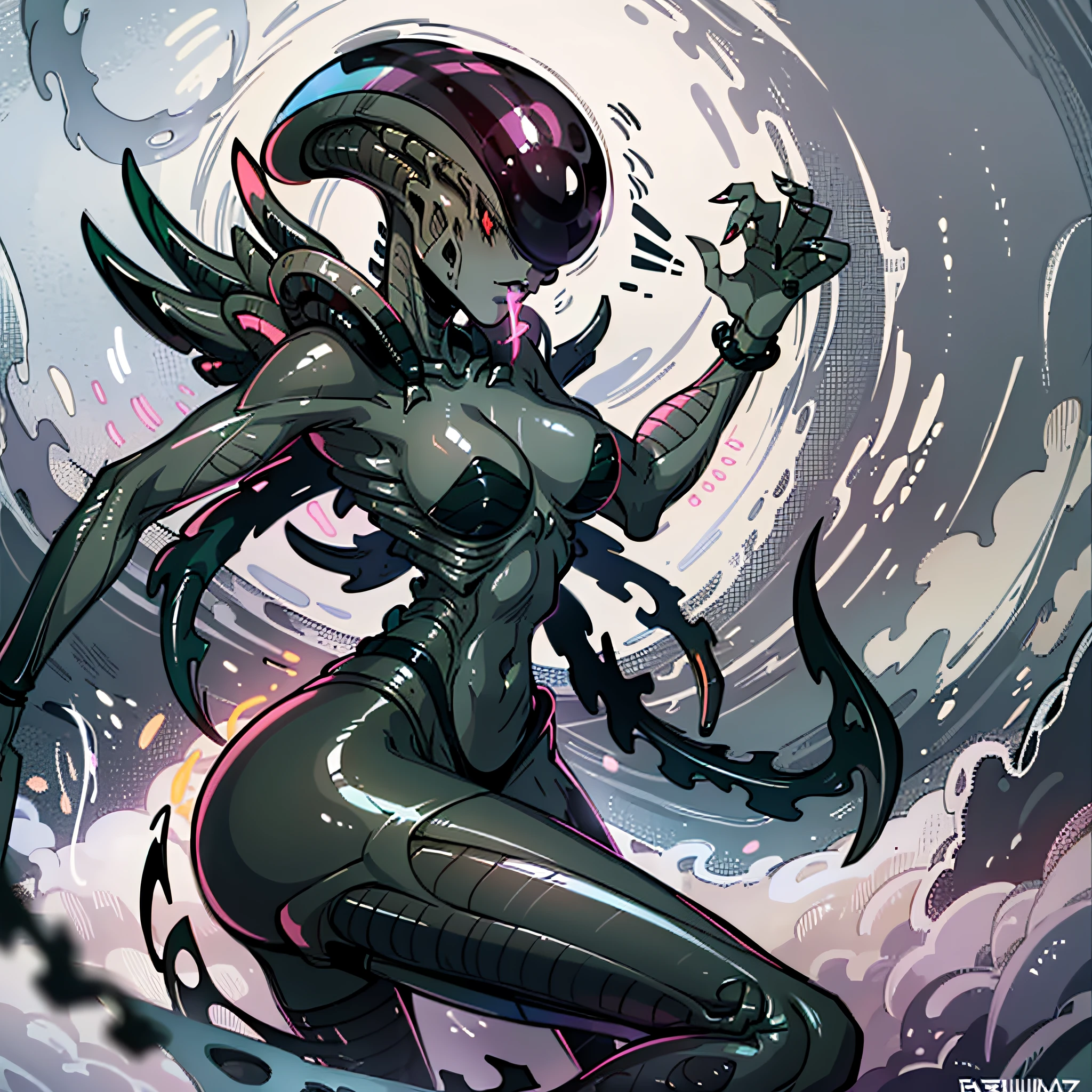 Cartoon photo of a woman in a black costume, monster girl, monster body, (hot insect humanoid woman), guyver style, red eyes, scarabeleploid, tentacles imitating a tail, cel shade adult animation, (alien queen), serpentine pose, Female Monster Transformation, (( Alien Woman)), Xeno