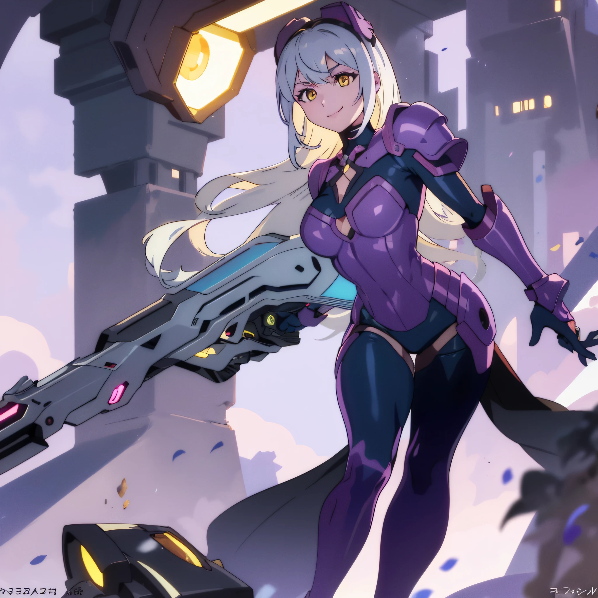 EvelynnAO, only 1girl, solo, complete body, silver hair, yellow eyes, (masterpieces, 8K, HDR, extremely delicate and beautiful, best quality: 1.2), perfect anatomy, good anatomy, lilac armor, futuristic city background, lilac helmet, legwears, running, sexy smile, plasma cannon.