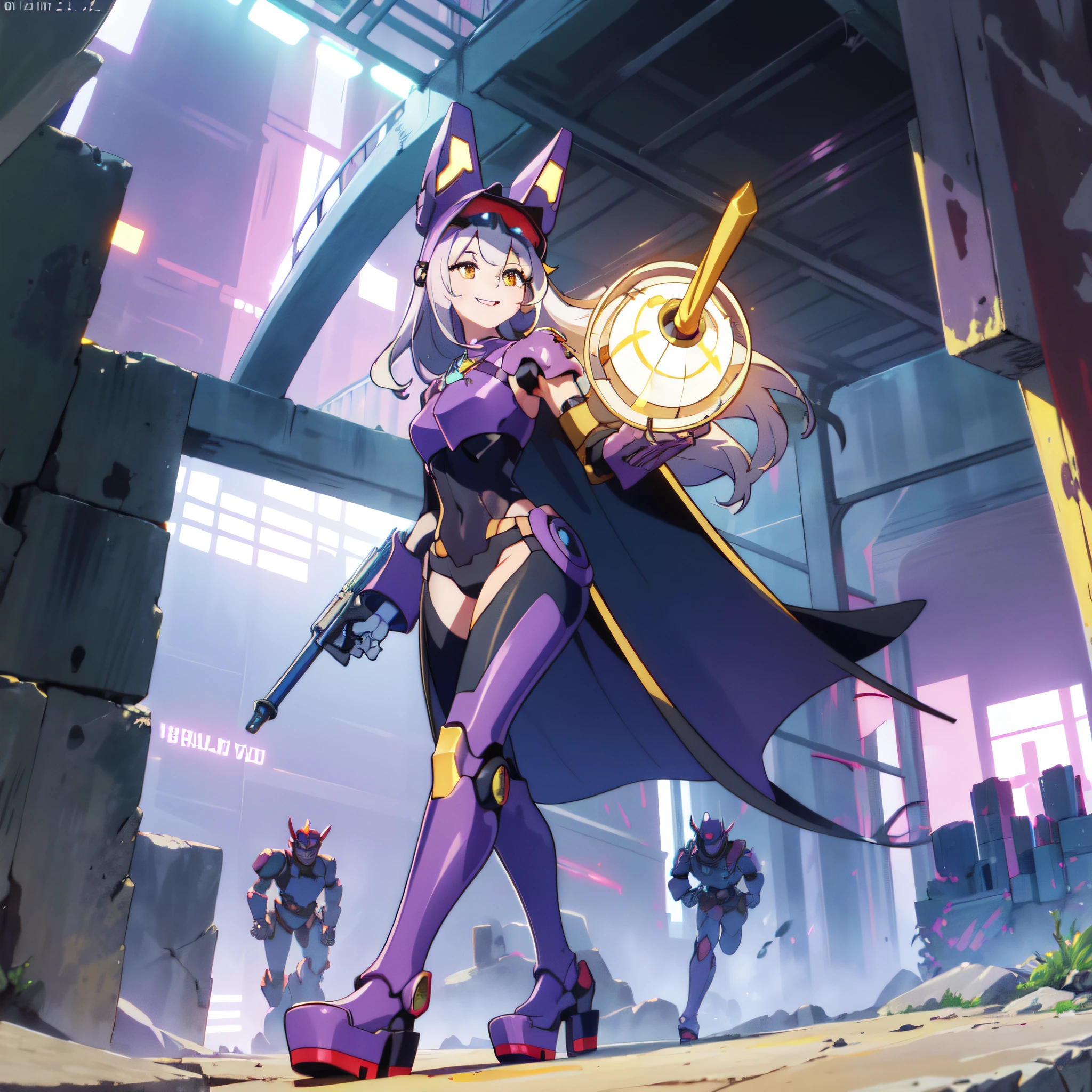 EvelynnAO, 1girl, solo, complete body, silver hair, yellow eyes, (masterpieces, 8K, HDR, extremely delicate and beautiful, best quality: 1.2), perfect anatomy, good anatomy, lilac armor, robot body, platform boots, futuristic city background, lilac helmet, legwears, running, smile, plasma cannon.