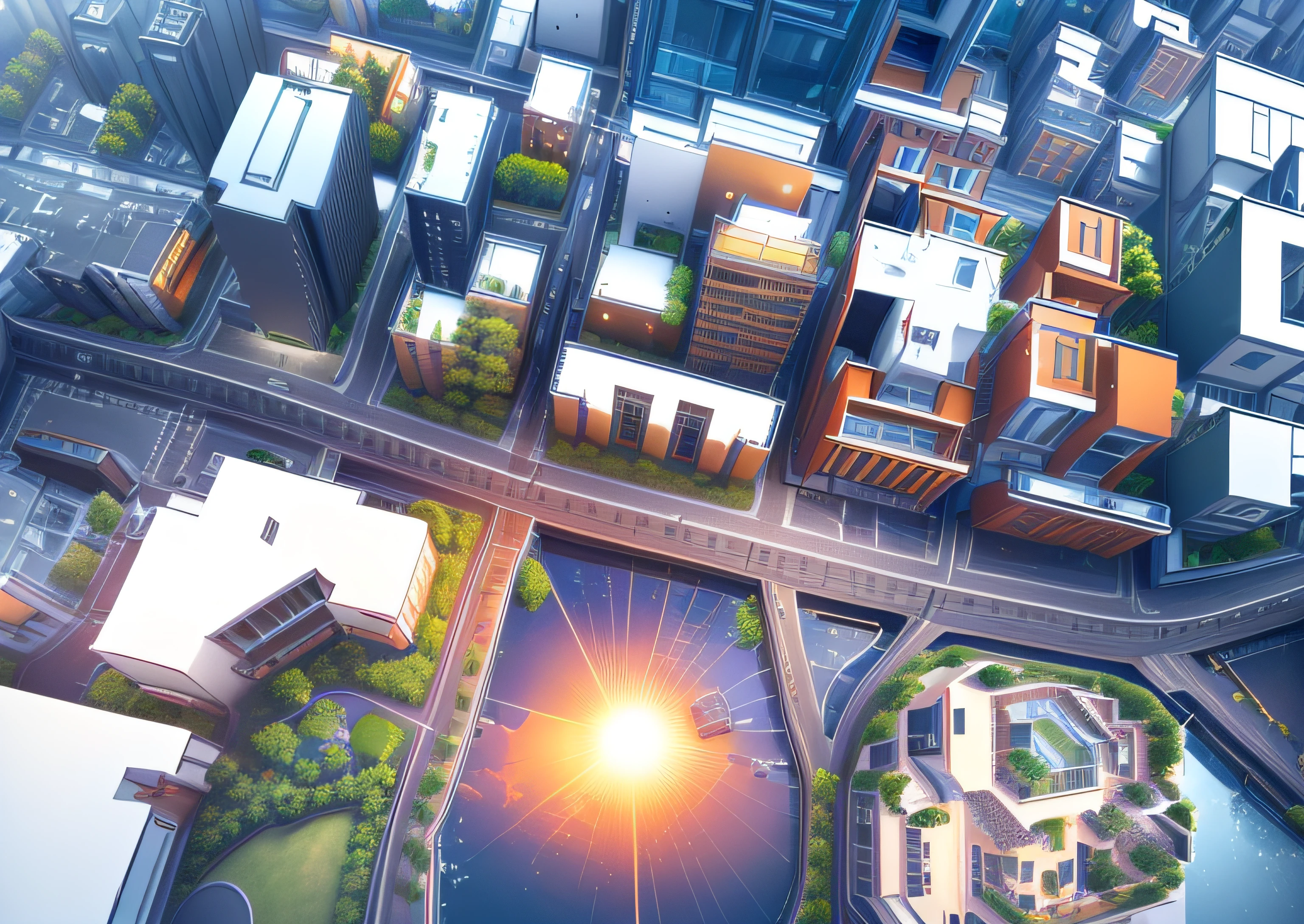 Masterpiece, Best Quality, Ultra High, Extremely Detailed CG, 8k Wallpaper, (God's View: 1.4), Cityscape with Parks Between Building Spaces, Streets with Concrete Sidewalks and Asphalt Pathways, illustration, (from above, dynamic angle: 1.2), realistic sunset, realistic building design with random light in the apartments, roof terraces with wooden decks and plants, random building material between white and aluminum,