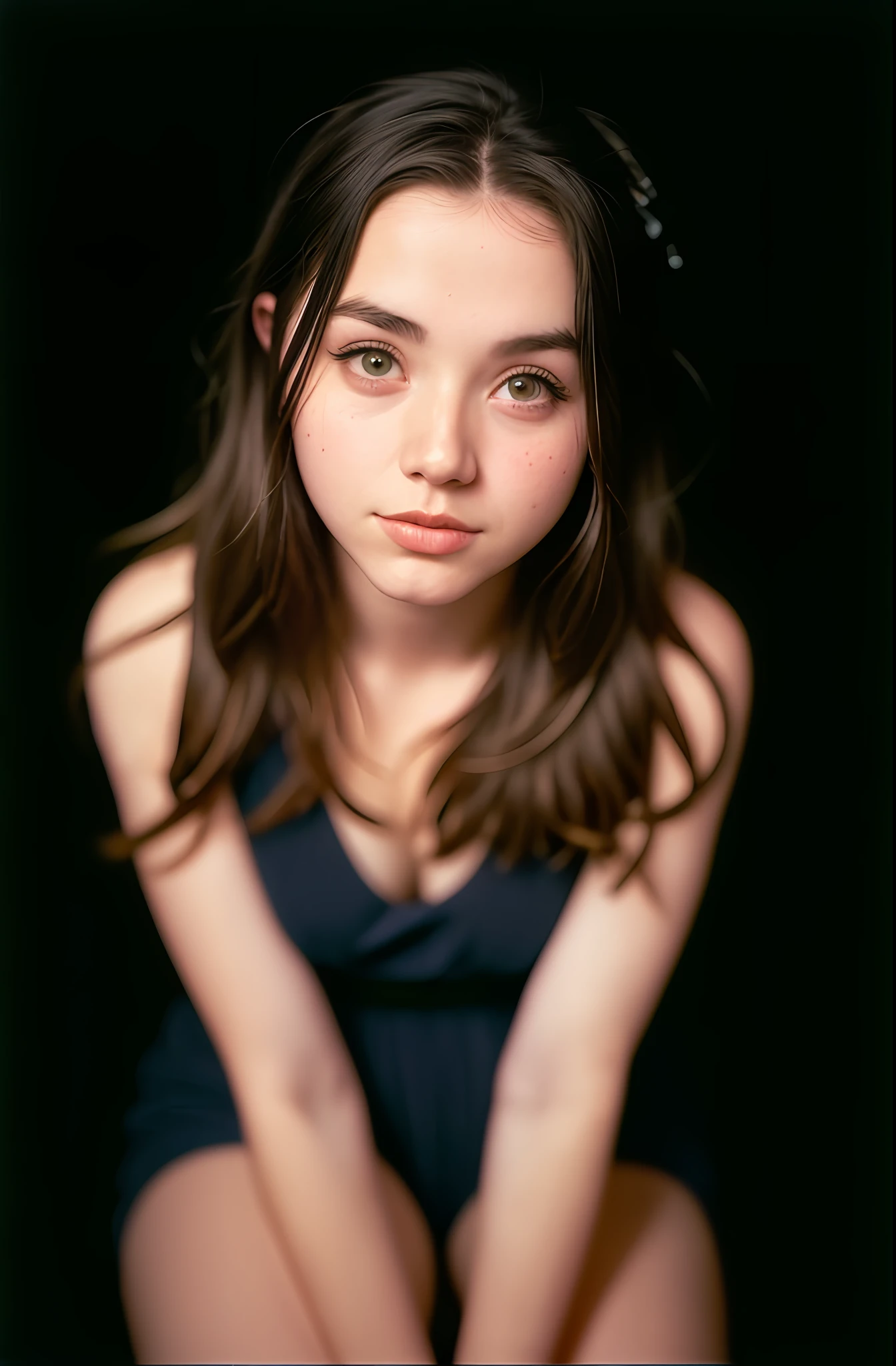 (close-up, editorial photograph of an 18-year-old woman kneeling, thick thigh, huge breasts, thumb sucking), (highly detailed face:1.4) (smile:0.7) (background inside dark, grumpy, private study:1.3) POV, by lee jeffries, nikon d850, film bank photography,4 kodak portra 400, camera f1.6 lens, rich colors, hyper realistic, realistic texture, dramatic lighting, cinestill 800,