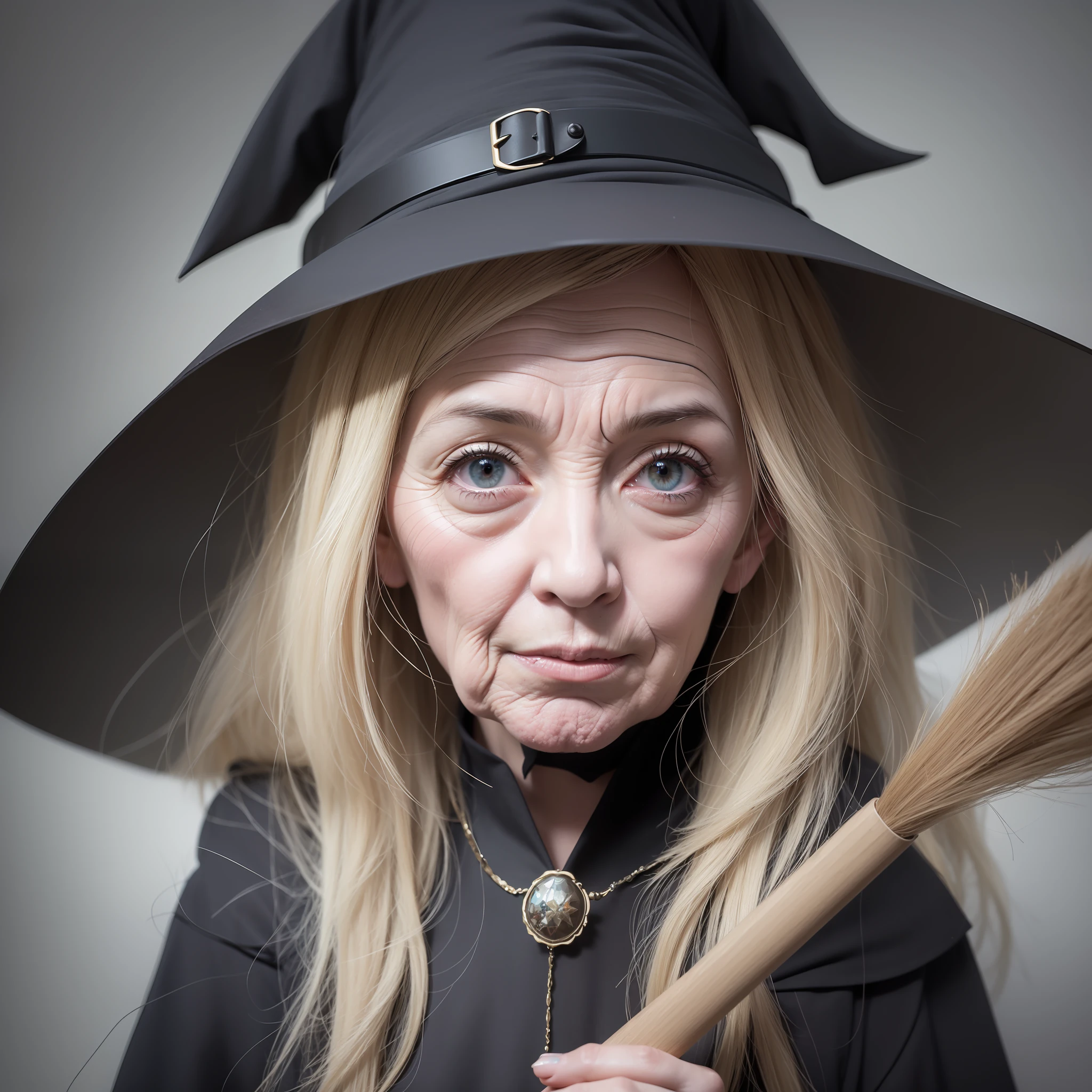 (100-year-old witch).,with bulging eyes and( very wrinkled face with a big nose.) . Dressed as a witch in black with a broom. Digital painting, artstation, concept art, soft focus, sharp, illustration.