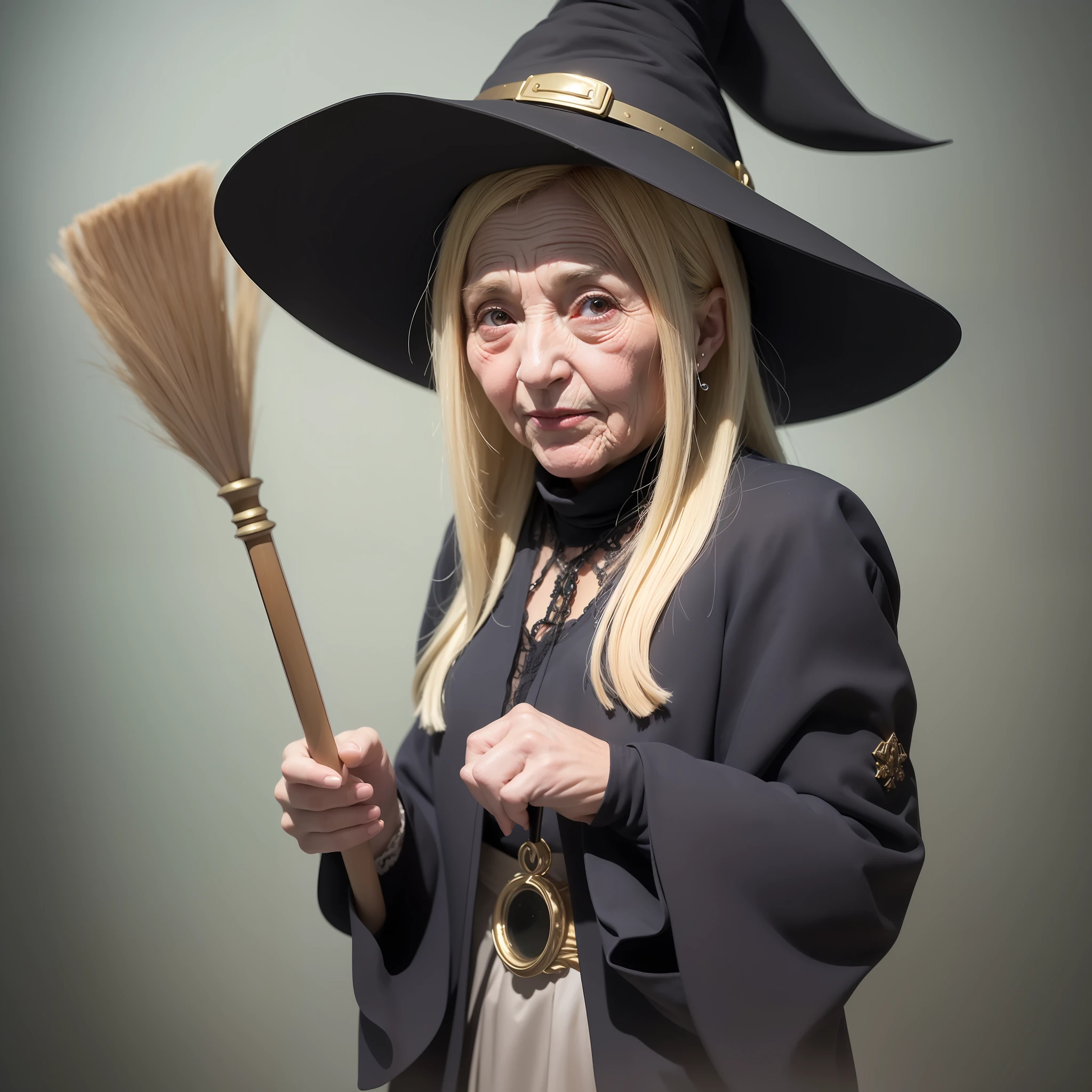 (100-year-old witch).,with bulging eyes and( very wrinkled face with a big nose.) . Dressed as a witch in black with a broom. Digital painting, artstation, concept art, soft focus, sharp, illustration.