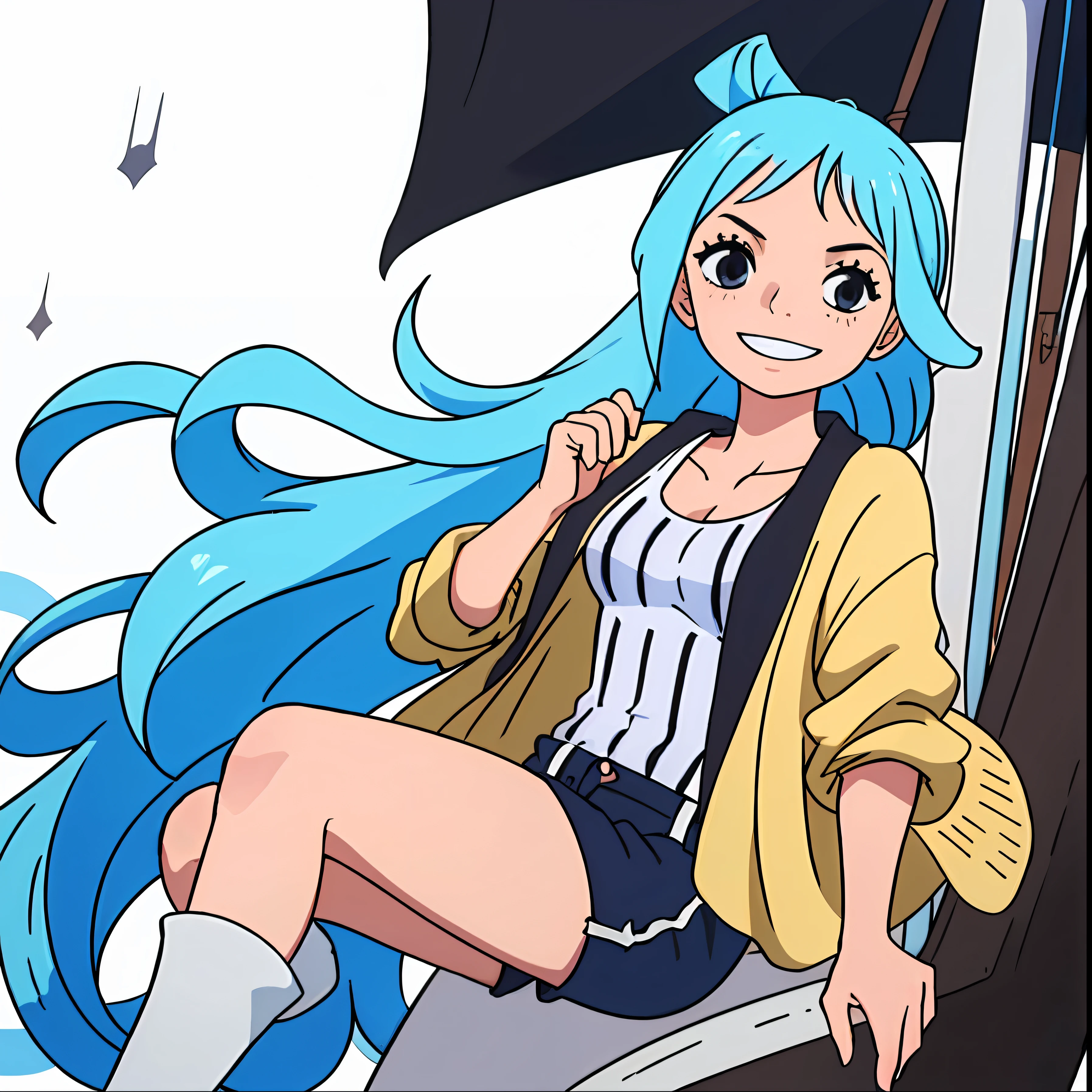 1girl, long blue hair ponytail, black and white striped jacket, blue and black striped tank top, vivi one piece, black eyes, white short shorts, white boots, medium breasts, smiling, perfect quality, pirate ship background, bokeh