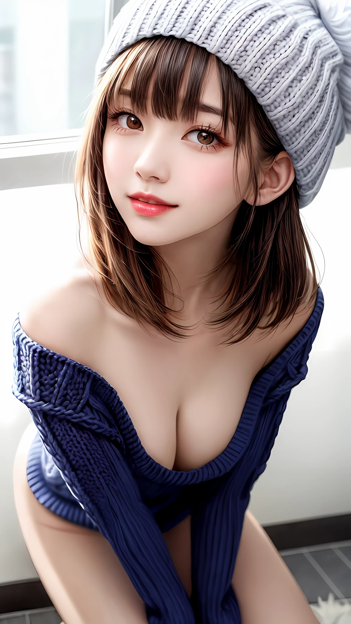 Pee (incontinence: 1.47), fashion trendy beautiful and attractive woman, gentle and attractive Chinese beautiful woman, Korean (kpop idol), delicate and sexy collarbone, attractive oval face, double eyelids, smart [peach] flower eyes, pink lips, small nose, bare shoulders, focus on face, [[face close-up], ultra high definition, super detail, White off-shoulder lace shirt, (((white lace panties), fresh and impressive, natural (large: 1.25), (kneel on the ground), (legs wide open), (legs spread), (from a low angle), (upright 1.5), (shiny skin: 1.4), (low angle)), perfect figure, areola, cleavage, armpit wrinkles, (floor urine)), (NSFW: 1.05), ( Showpiece, top quality, high precision)), one girl, (big, photorealistic: 1.4), (slightly above the camera, looking up at the camera, looking up, looking up at the camera, staring at the camera))), solo, solo, white background, snow-white background, mouth closed, happy smile, pretty black hair, short hair, big eyes, pronounced double eyelids, eyelashes, ears out, long neck, long neck, Absolute area, ((close-up of face, short hair with bangs)), 19 years old, attractive proportions, shiny skin, clean collarbone, golden ratio face, perfect face, teardrop mole, chest mole, bangs, clean bangs, beautiful bangs, lip gloss, thin lips, white skin, undressed, big breasts, small face, staring at the camera a little upwards, ((smiling a little at the camera, really nothing pure white backgroundBig big, big breasts, very big)), ((((uniform, shirt, knitted hat)))