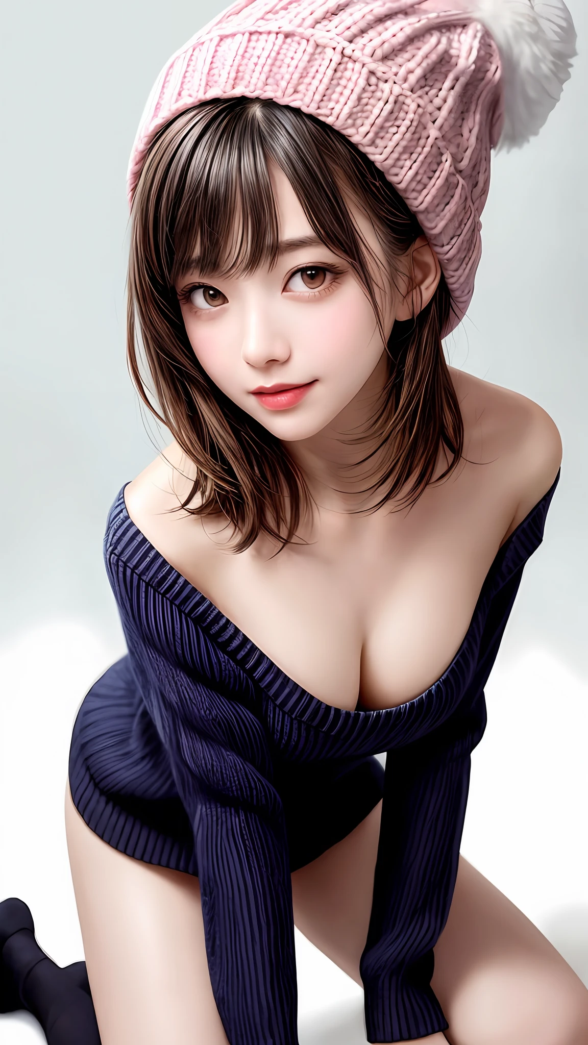 Pee (incontinence: 1.47), fashion trendy beautiful and attractive woman, gentle and attractive Chinese beautiful woman, Korean (kpop idol), delicate and sexy collarbone, attractive oval face, double eyelids, smart [peach] flower eyes, pink lips, small nose, bare shoulders, focus on face, [[face close-up], ultra high definition, super detail, White off-shoulder lace shirt, (((white lace panties), fresh and impressive, natural (large: 1.25), (kneel on the ground), (legs wide open), (legs spread), (from a low angle), (upright 1.5), (shiny skin: 1.4), (low angle)), perfect figure, areola, cleavage, armpit wrinkles, (floor urine)), (NSFW: 1.05), ( Showpiece, top quality, high precision)), one girl, (big, photorealistic: 1.4), (slightly above the camera, looking up at the camera, looking up, looking up at the camera, staring at the camera))), solo, solo, white background, snow-white background, mouth closed, happy smile, pretty black hair, short hair, big eyes, pronounced double eyelids, eyelashes, ears out, long neck, long neck, Absolute area, ((close-up of face, short hair with bangs)), 19 years old, attractive proportions, shiny skin, clean collarbone, golden ratio face, perfect face, teardrop mole, chest mole, bangs, clean bangs, beautiful bangs, lip gloss, thin lips, white skin, undressed, big breasts, small face, staring at the camera a little upwards, ((smiling a little at the camera, really nothing pure white backgroundBig big, big breasts, very big)), ((((uniform, shirt, knitted hat)))
