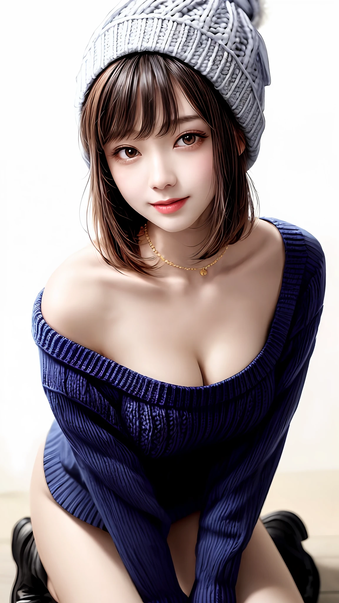 Pee (incontinence: 1.47), fashion trendy beautiful and attractive woman, gentle and attractive Chinese beautiful woman, Korean (kpop idol), delicate and sexy collarbone, attractive oval face, double eyelids, smart [peach] flower eyes, pink lips, small nose, bare shoulders, focus on face, [[face close-up], ultra high definition, super detail, White off-shoulder lace shirt, (((white lace panties), fresh and impressive, natural (large: 1.25), (kneel on the ground), (legs wide open), (legs spread), (from a low angle), (upright 1.5), (shiny skin: 1.4), (low angle)), perfect figure, areola, cleavage, armpit wrinkles, (floor urine)), (NSFW: 1.05), ( Showpiece, top quality, high precision)), one girl, (big, photorealistic: 1.4), (slightly above the camera, looking up at the camera, looking up, looking up at the camera, staring at the camera))), solo, solo, white background, snow-white background, mouth closed, happy smile, pretty black hair, short hair, big eyes, pronounced double eyelids, eyelashes, ears out, long neck, long neck, Absolute area, ((close-up of face, short hair with bangs)), 19 years old, attractive proportions, shiny skin, clean collarbone, golden ratio face, perfect face, teardrop mole, chest mole, bangs, clean bangs, beautiful bangs, lip gloss, thin lips, white skin, undressed, big breasts, small face, staring at the camera a little upwards, ((smiling a little at the camera, really nothing pure white backgroundBig big, big breasts, very big)), ((((uniform, shirt, knitted hat)))