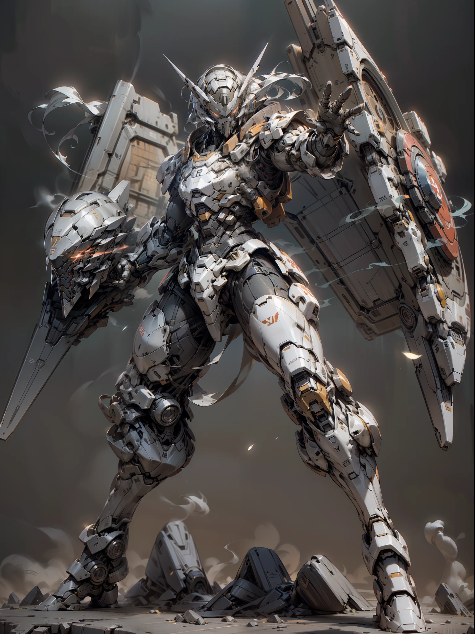Tank Panzer Division with Huge Holding Huge Shield, Heavy Gundam, Face Mask Covered, Shield in the Air, Super Large Mechanical Shield, Smoke Surrounding, Tomahawk Wielding Pose, Perfect Body Proportions, Tall Figure, Full Body Shot, Super Detail, Male, Ninja, Metal Mech, With Black Mask, Wearing Black Mechanical Armor, Glowing Red Eyes, Perfect Body Proportions, Full Body Shot, Looking Up, Super Detail, IP by pop mart, Edge Light, Avatar, Octane Rendering, Blender, Clean Black Background, 3D, C4D, Best Quality, Very Detailed, Ancient Technology, HDR (High Dynamic Range), Ray Tracing, NVIDIA RTX, Super Resolution, Unreal 5, Subsurface Scattering, PBR Textures, Post Processing, Anisotropic Filtering, Depth of Field, Maximum Clarity and Acutance, Multi-layer Textures, Albedo and Highlight Maps, Surface Shading, Accurate Simulation of Light-Material Interactions, Perfect Proportions, Octane Rendering, Two-tone Lighting, Low ISO, White Balance, Rule of Thirds, Wide Aperture, 8K RAW, high efficiency sub-pixel, subpixel convolution, luminescent particles, light scattering, Tyndall effect