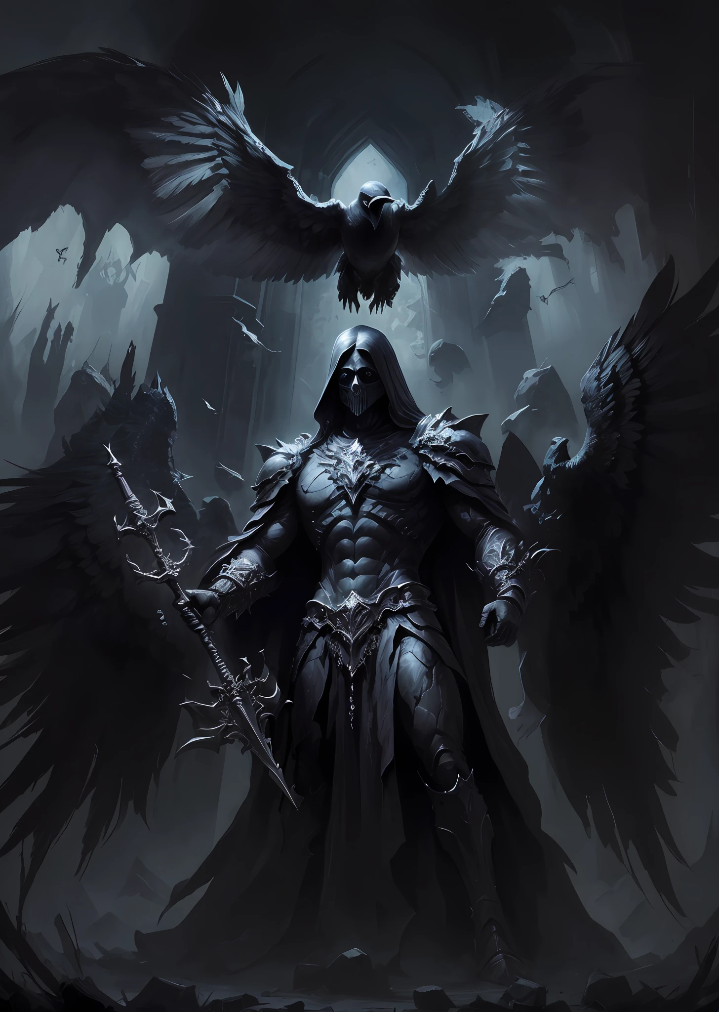 A petrified dark angel with a wand, big wings and a crow