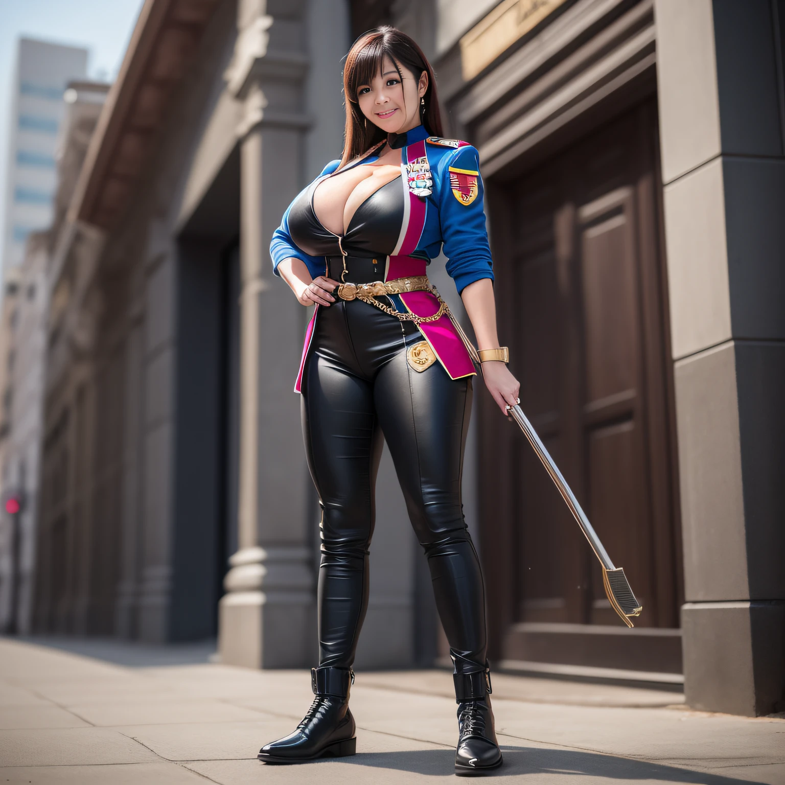 Five fingers, one woman, huge, cleavage, slender long legs, leg line beauty, military uniform, color guard, long pants, military shoes, tanned skin, smile, shining clothes, full body view, publicity cosplay, full cosplay, taken by Canon 5D Mk4, cosplay photo