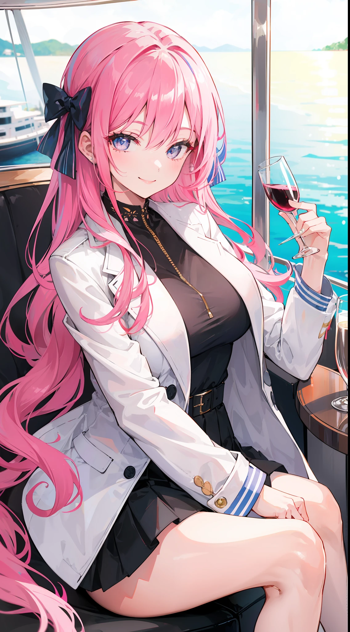 "An adorable highschool girl sits on a luxurious yacht, smiling and winking. She flaunts vibrant rainbow pink long hair and stylishly wears colorful ribbon, while gracefully holding a glass of wine. She is wear white luxurious jacket"