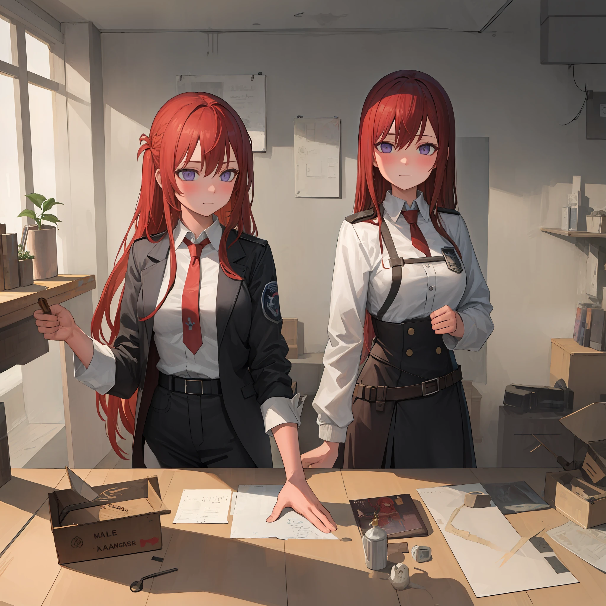 (lasterk:1.3), ((masterpiece,best quality,ultra detailed,8k)),brown_hair,collared_shirt,jacket,long_sleeves,makise_kurisu,standing,red_necktie,solo,1girl,white_shirt,perfect face,red_hair,purple_eyes,((blush)),upper body,(close_mouth)