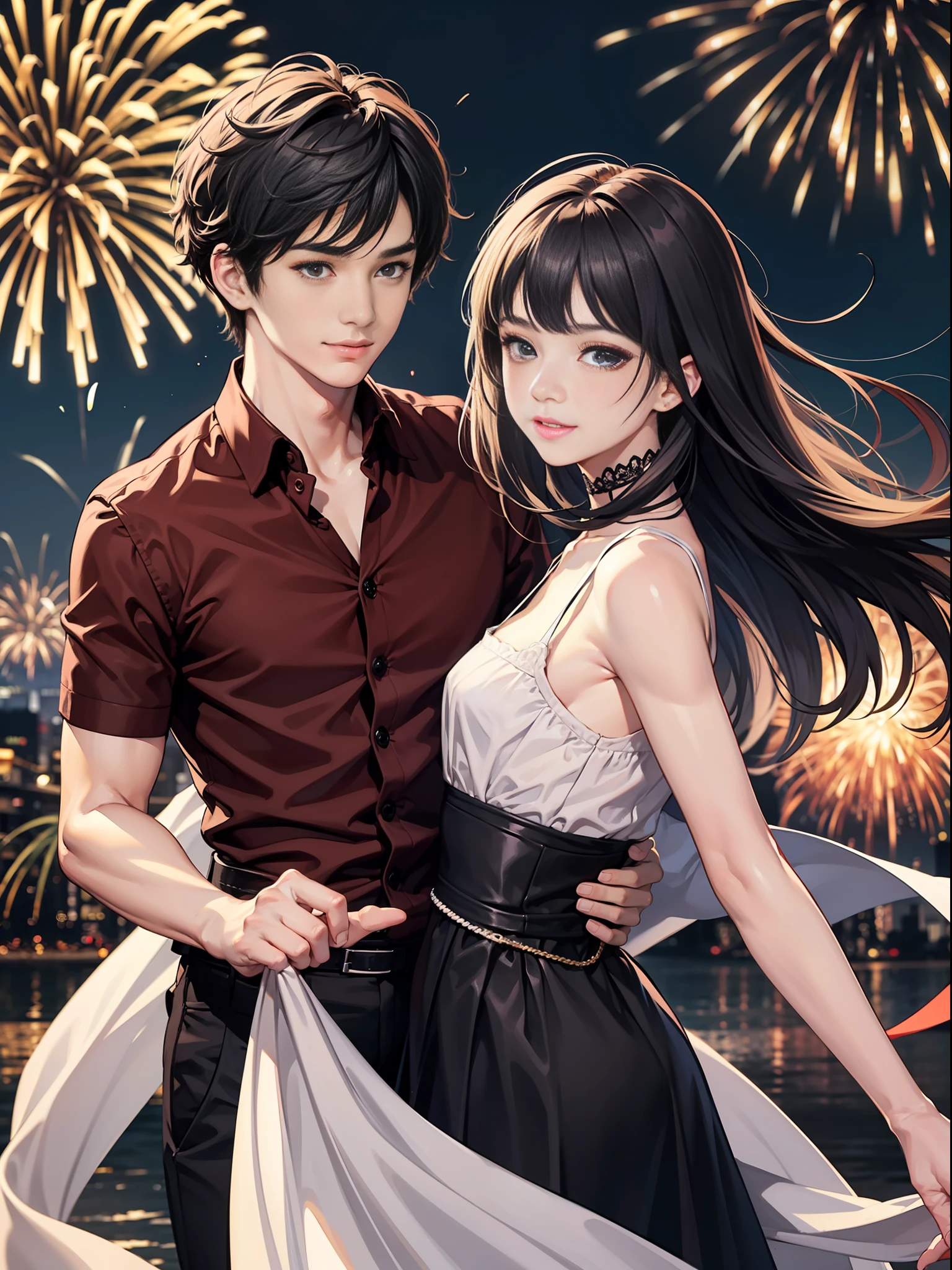 High resolution, couple, eye smile, handsome male beauty, girls shawl long hair, dress, boy black short hair, shirt, background fireworks, delicate facial features, clear facial features, optimized details