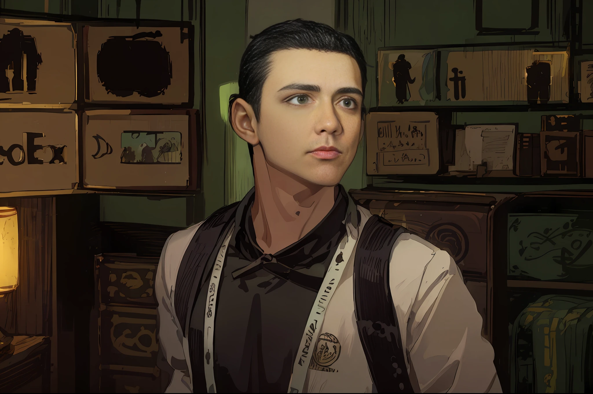 Black hair, green eyes, boy, 20 years old, medieval, swordsman, killer, top light, atmospheric light, cinematic sense