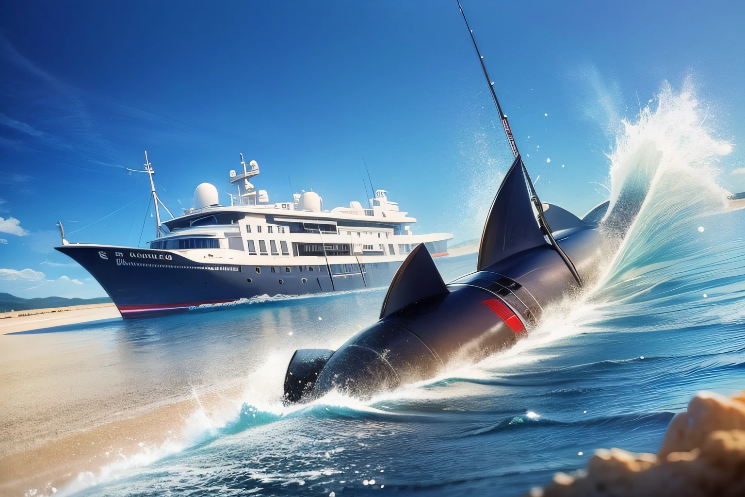 Fishing, fishing rods, great white sharks, white gold guns, sand, yachts, bombs, fishing boats, ultra-wide angle, depth of field
