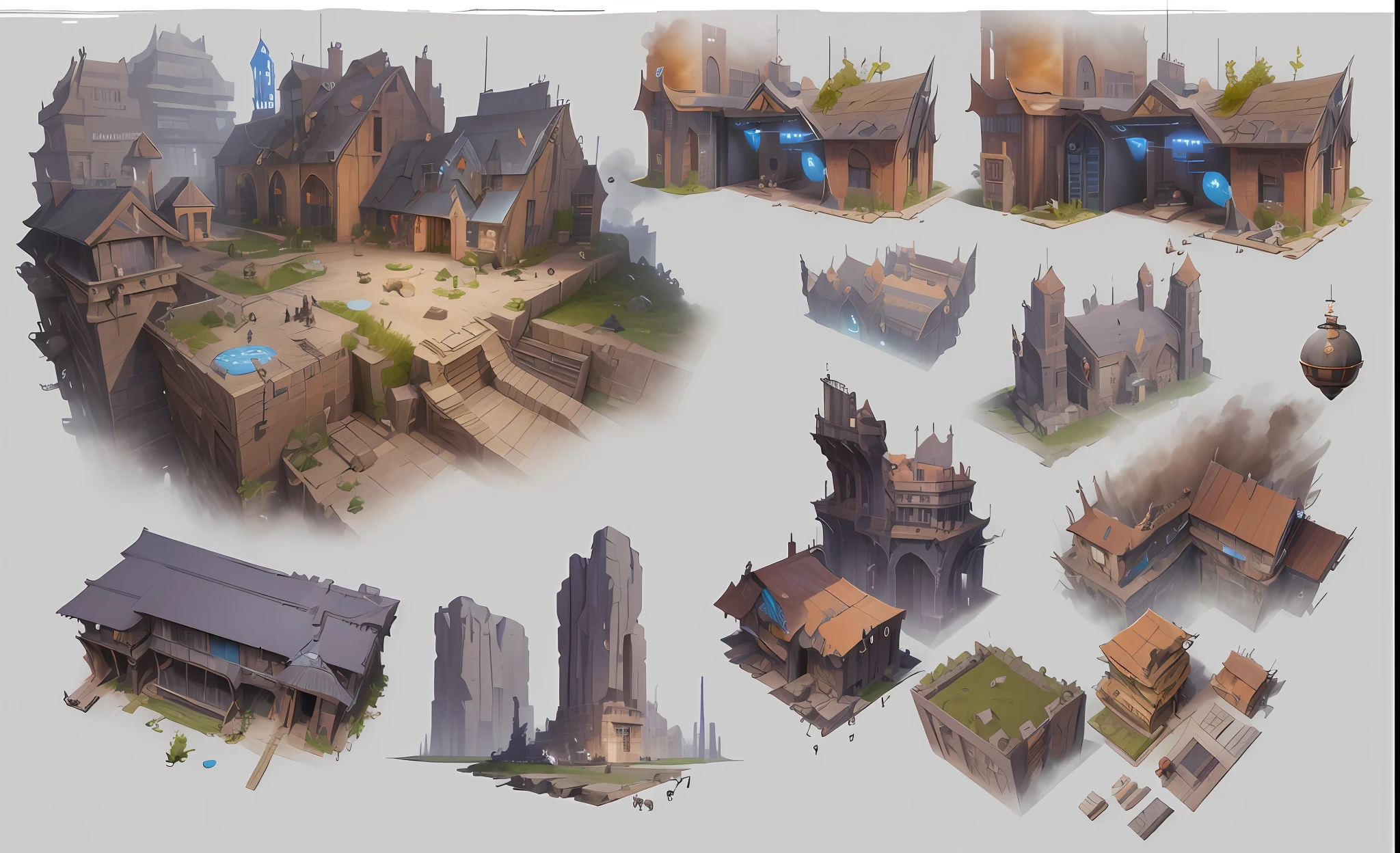 Close-up of a bunch of different buildings and buildings, video game assets, video game assets, RPG game environment assets, game assets, isometric game assets, concept art for video games, isometric 2D game art, concept art!, game assets, isometric game art, 2D game environment design, 2D game assets, stylized game art, streets, game concept scene design, hand drawn style, HD, style realism, near future civilization, technological performance, living in death, life fun elements, 2.5D, top-down, future city streets in disaster, technology elements, future elements