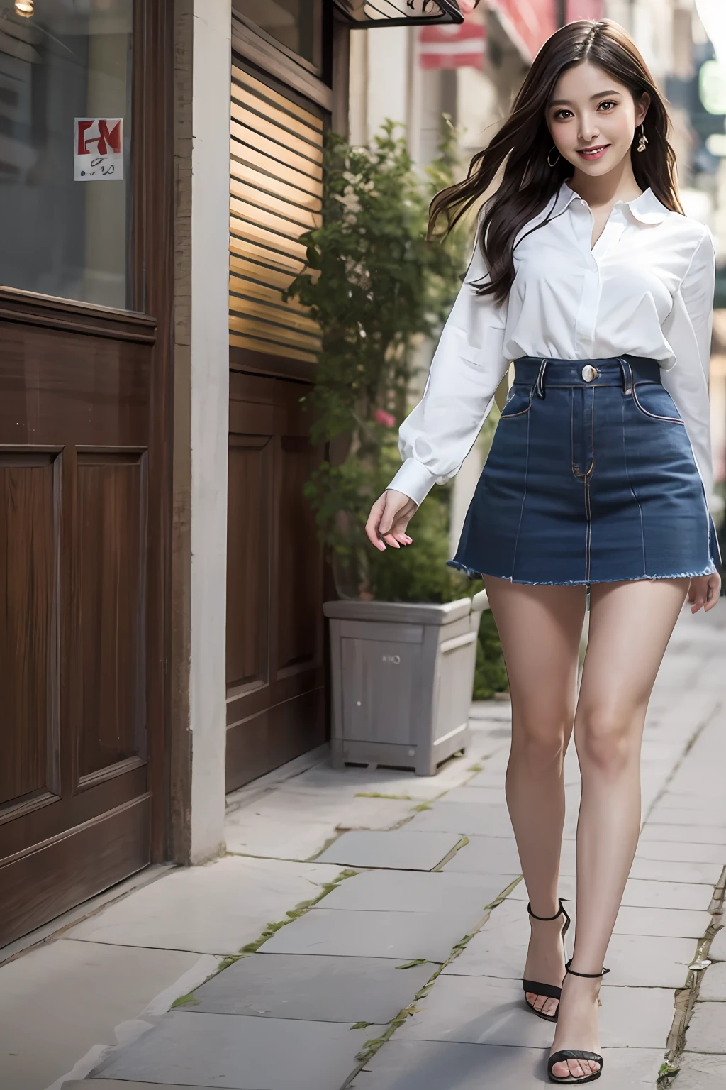 (8k, Best Quality, Masterpiece:1.2), (Realistic, Photorealistic:1.37), Ultra Detailed, Small,1 Girl,Cute,Solo,Beautiful Detailed Sky,Date,(Blush),(Smile:1.15),(Closed Mouth)Small Breasts, Delicate Body、Black Eyes、Neat,Beautiful Detailed Eyes,(Long Hair: 1.2)Black Hair,Floating Hair NovaFrogStyle, Full body, Thin legs, White blouse