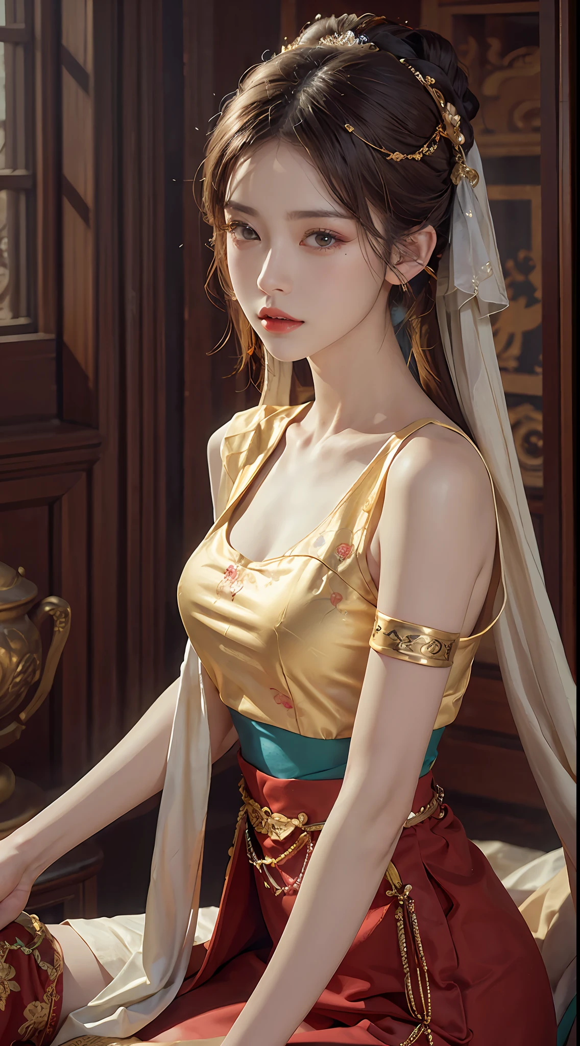 (RAW, Best Quality), Realistic, (Photorealistic Real: 1.3), Best Quality, High Detail, Masterpiece, Extremely detailed, Illustration, 1 25 year old goddess, upper body , Dynamic Angle, mess_long_hair, Best Quality, 8k Wallpaper, extremely detailed dunhuang uniform, Ink, Amazing, Cinematic Lighting, lens_flare, dunhuang_style dress, Sexy, Crop Top, Delicate Collarbone, Patterned Stockings, Gold Pattern all over her body, an ancient goddess, a hanfu-style silk ao dai, a silk dune costume, (dunhuang phi-tian style: 1.8) (fiction dunhuang landscape: 1.8), face beautiful and detailed makeup, thin black eyebrows, detailed eye makeup, big round yellow eyes, high nose, hair in a bun, jewelry on the head and neck, big and regular breasts, round hand on the wrist, jewelry on the goddess dune's shirt, small tattoo in the middle of the goddess dune,
