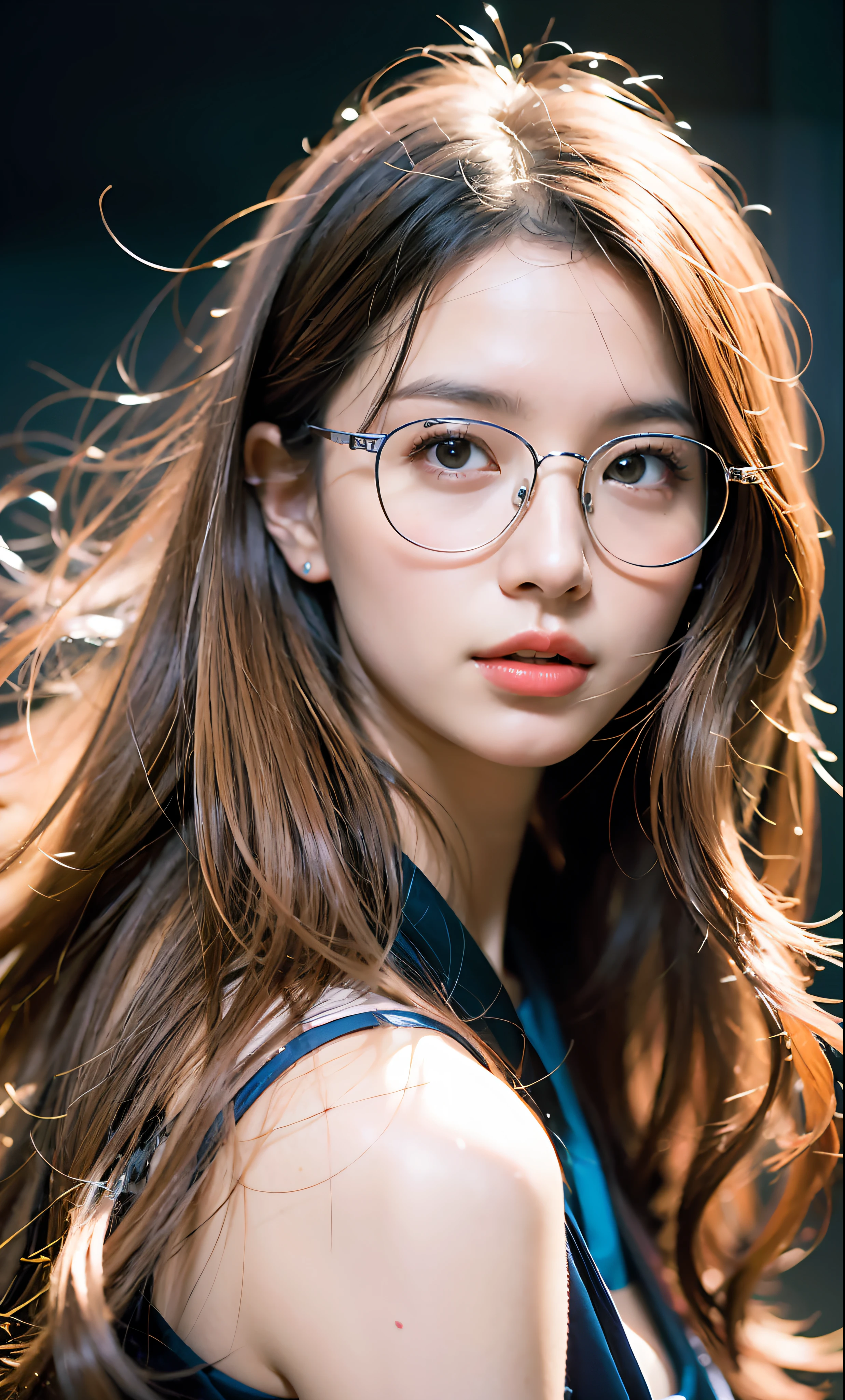 (raw photo:1.2), (photorealistic:1.4), beautiful detailed girl, very detailed eyes and face, beautiful detailed eyes, ridiculous, huge file size, super detailed, high resolution, very detailed, best quality, masterpiece, ((fashion clothing)), illustration, very detailed, CG, unified, 8k wallpaper, amazing, fine details, masterpiece, best quality, very detailed CG uniform 8k wallpaper, face light, movie lighting, 1girl, 16 years old, long white hair, side split, (with glasses), (dynamic pose), sexy pose, (half),