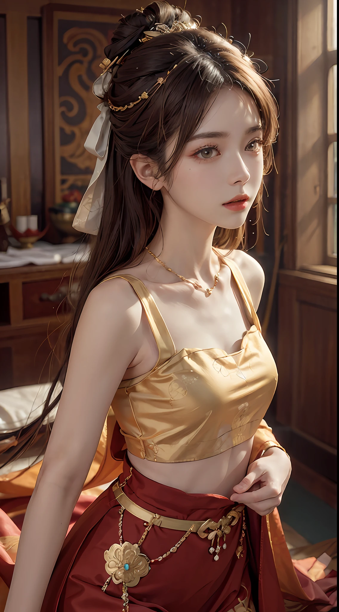 (RAW, Best Quality), Realistic, (Photorealistic Real: 1.3), Best Quality, High Detail, Masterpiece, Extremely detailed, Illustration, 1 25 year old goddess, upper body , Dynamic Angle, mess_long_hair, Best Quality, 8k Wallpaper, extremely detailed dunhuang uniform, Ink, Amazing, Cinematic Lighting, lens_flare, dunhuang_style dress, Sexy, Crop Top, Delicate Collarbone, Patterned Stockings, Gold Pattern all over her body, an ancient goddess, a hanfu-style silk ao dai, a silk dune costume, (dunhuang phi-tian style: 1.8) (fiction dunhuang landscape: 1.8), face beautiful and detailed makeup, thin black eyebrows, detailed eye makeup, big round yellow eyes, high nose, hair in a bun, jewelry on the head and neck, big and regular breasts, round hand on the wrist, jewelry on the goddess dune's shirt, small tattoo in the middle of the goddess dune,
