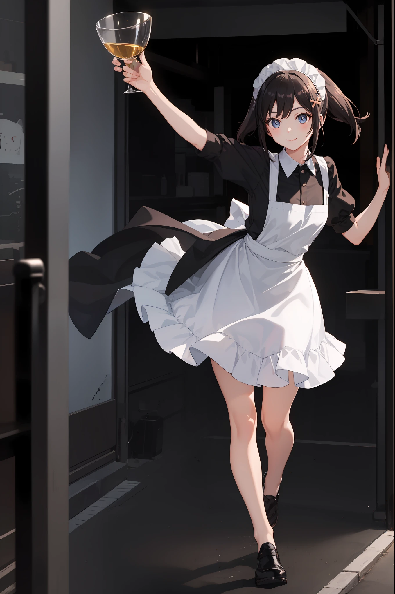 1 girl, smiling, skirt, (small) chillerism, dress, apron,,,,,,、 maid,,,,,,,,、 hair ornament, running briskly,