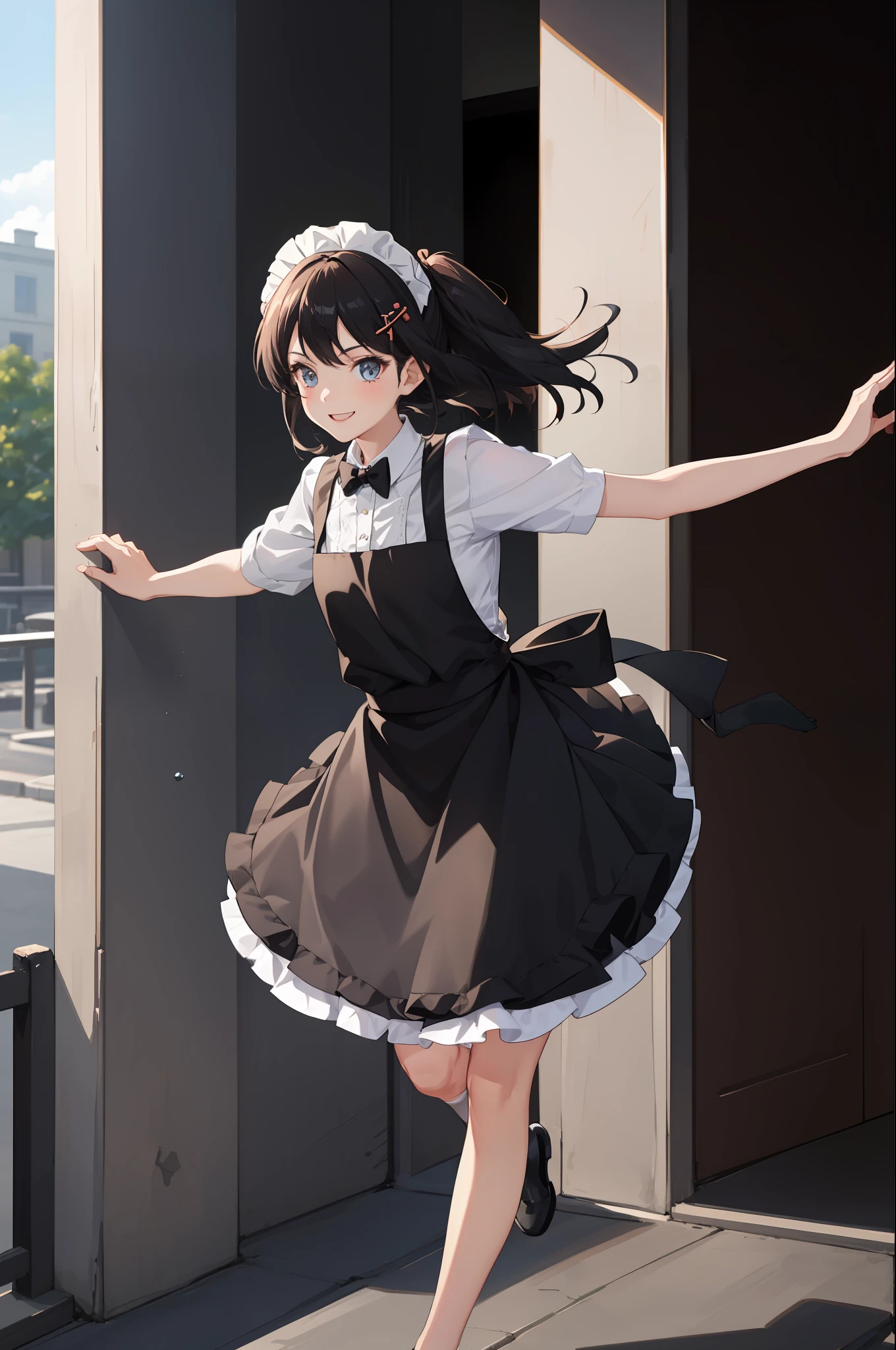1 girl, smiling, skirt, (small) chillerism, dress, apron,,,,,,、 maid,,,,,,,,、 hair ornament, running briskly,