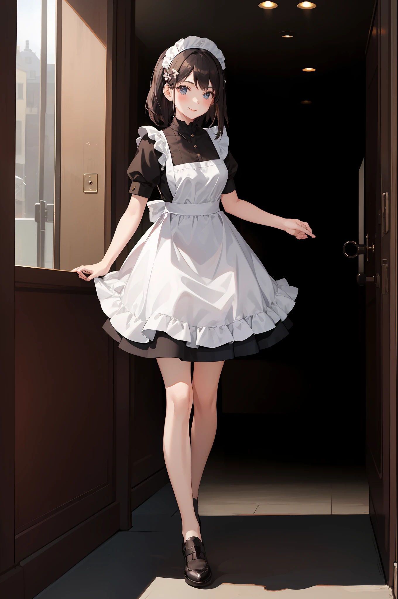 1 girl, smiling, skirt, (small) chillerism, dress, apron,,,,,,、 maid,,,,,,,,、 hair ornament, running briskly,