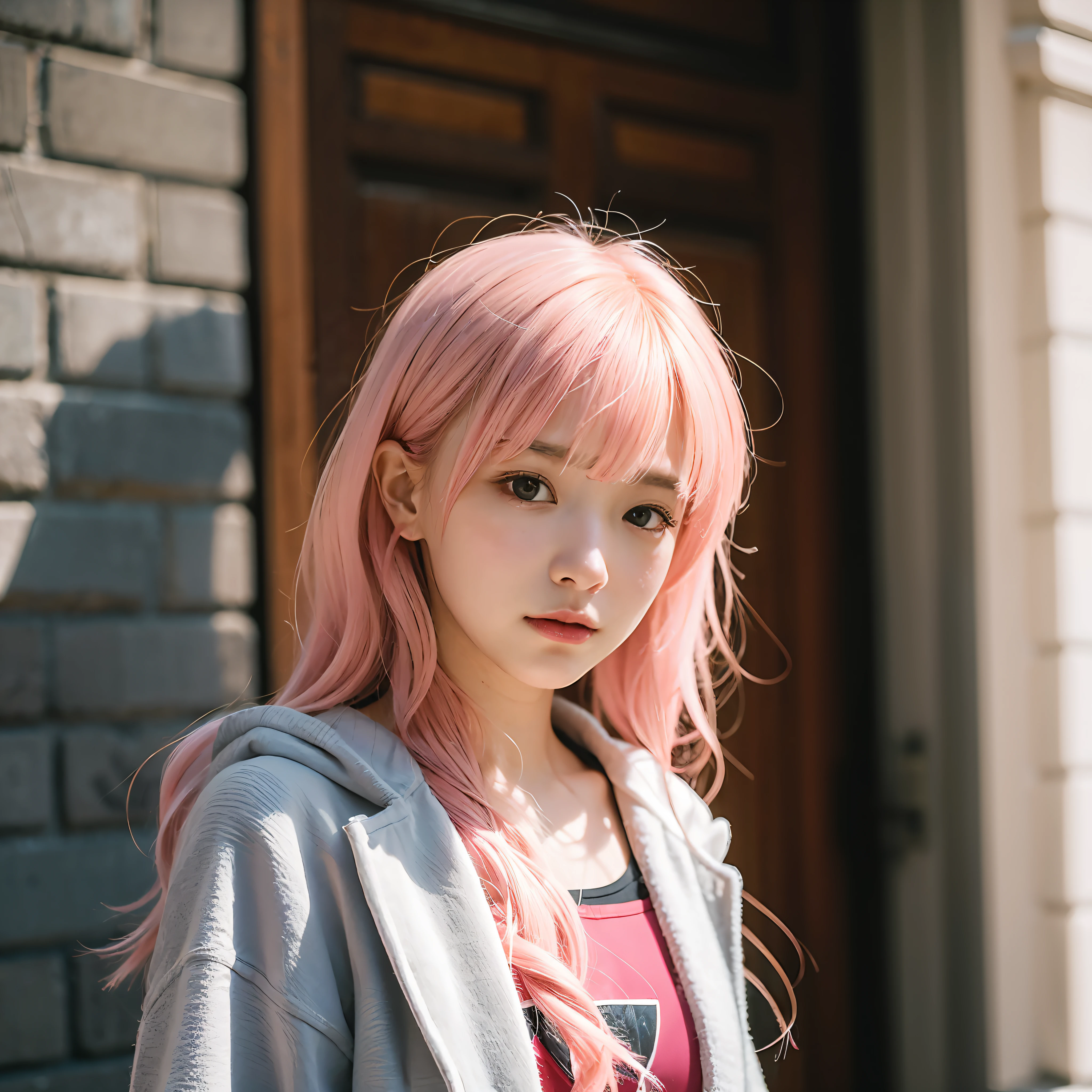 SKS, high quality, looking at the camera, a girl, pink hair