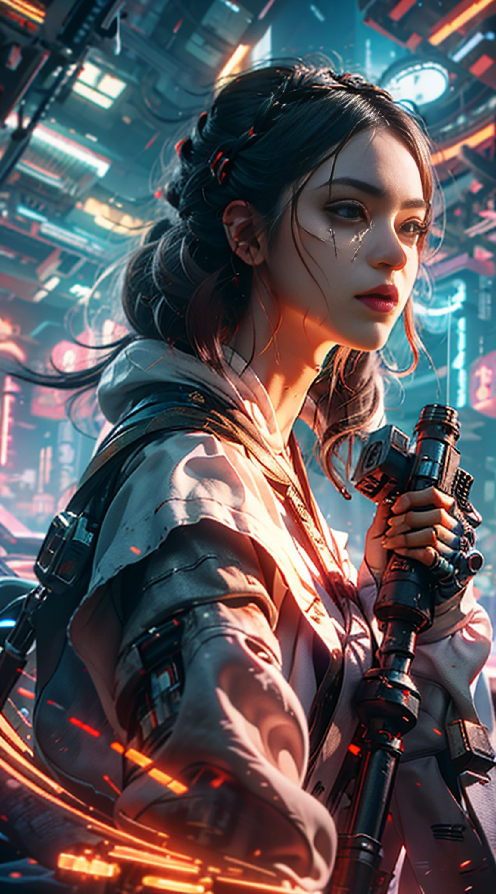 This is a CG Unity 8k wallpaper with ultra-detailed, high-resolution and top quality in cyberpunk style, dominated by black and red. In the picture, a beautiful girl with short white messy hair, a delicate face, wearing a steam mecha mask, standing on the ruins, behind her is a huge robot, and a woman holds a heavy sniper rifle in her hand