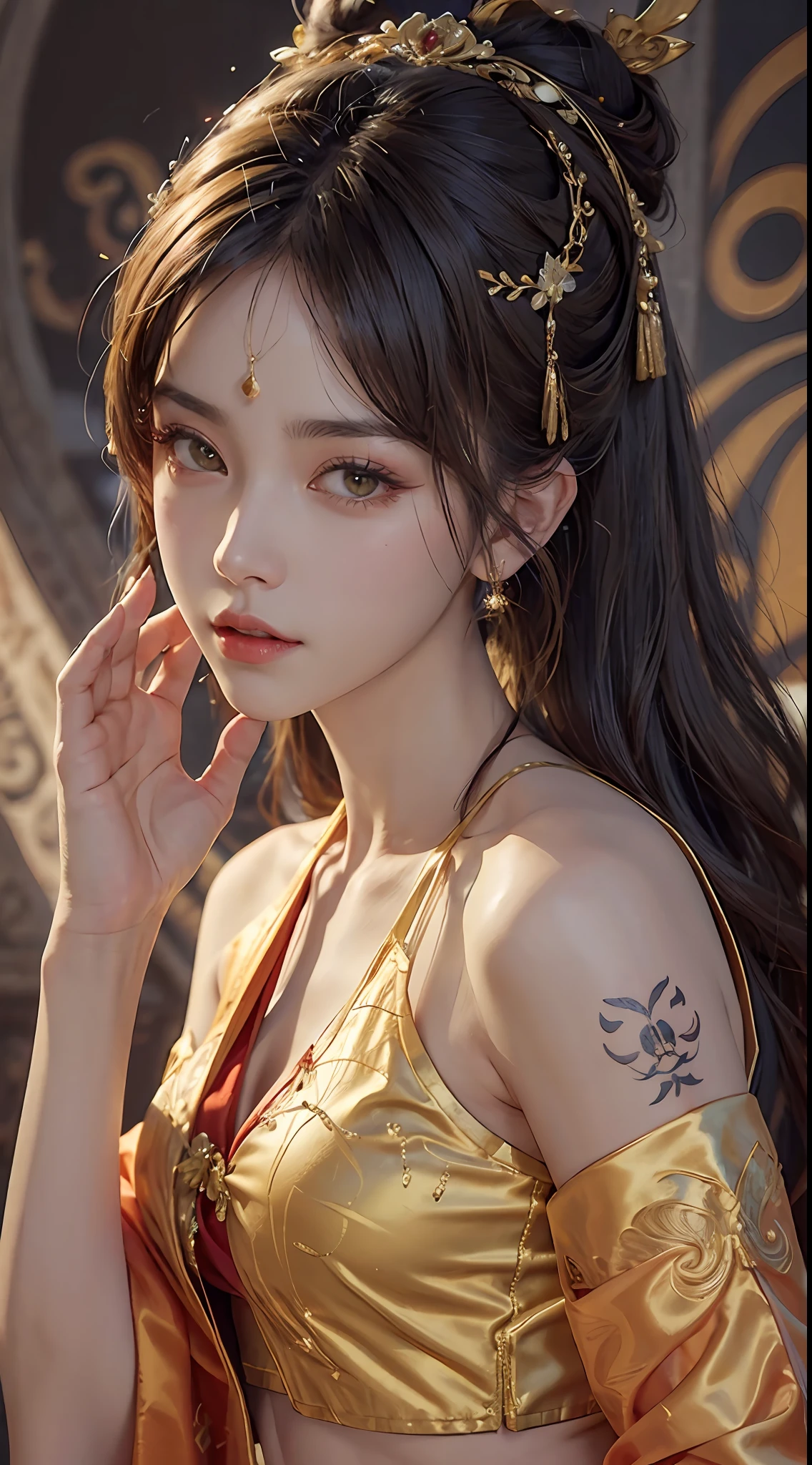 (RAW, Best Quality), Realistic, (Photorealistic Real: 1.3), Best Quality, High Detail, Masterpiece, Extremely detailed, Illustration, 1 25 year old goddess, upper body , Dynamic Angle, mess_long_hair, Best Quality, 8k Wallpaper, extremely detailed dunhuang uniform, Ink, Amazing, Cinematic Lighting, lens_flare, dunhuang_style dress, Sexy, Crop Top, Delicate Collarbone, Patterned Stockings, Gold Pattern all over her body, an ancient goddess, a hanfu-style silk ao dai, a silk dune costume, (dunhuang phi-tian style: 1.8) (fiction dunhuang landscape: 1.8), face beautiful and detailed makeup, thin black eyebrows, detailed eye makeup, big round yellow eyes, high nose, hair in a bun, jewelry on the head and neck, big and regular breasts, round hand on the wrist, jewelry on the goddess dune's shirt, small tattoo in the middle of the goddess dune,
