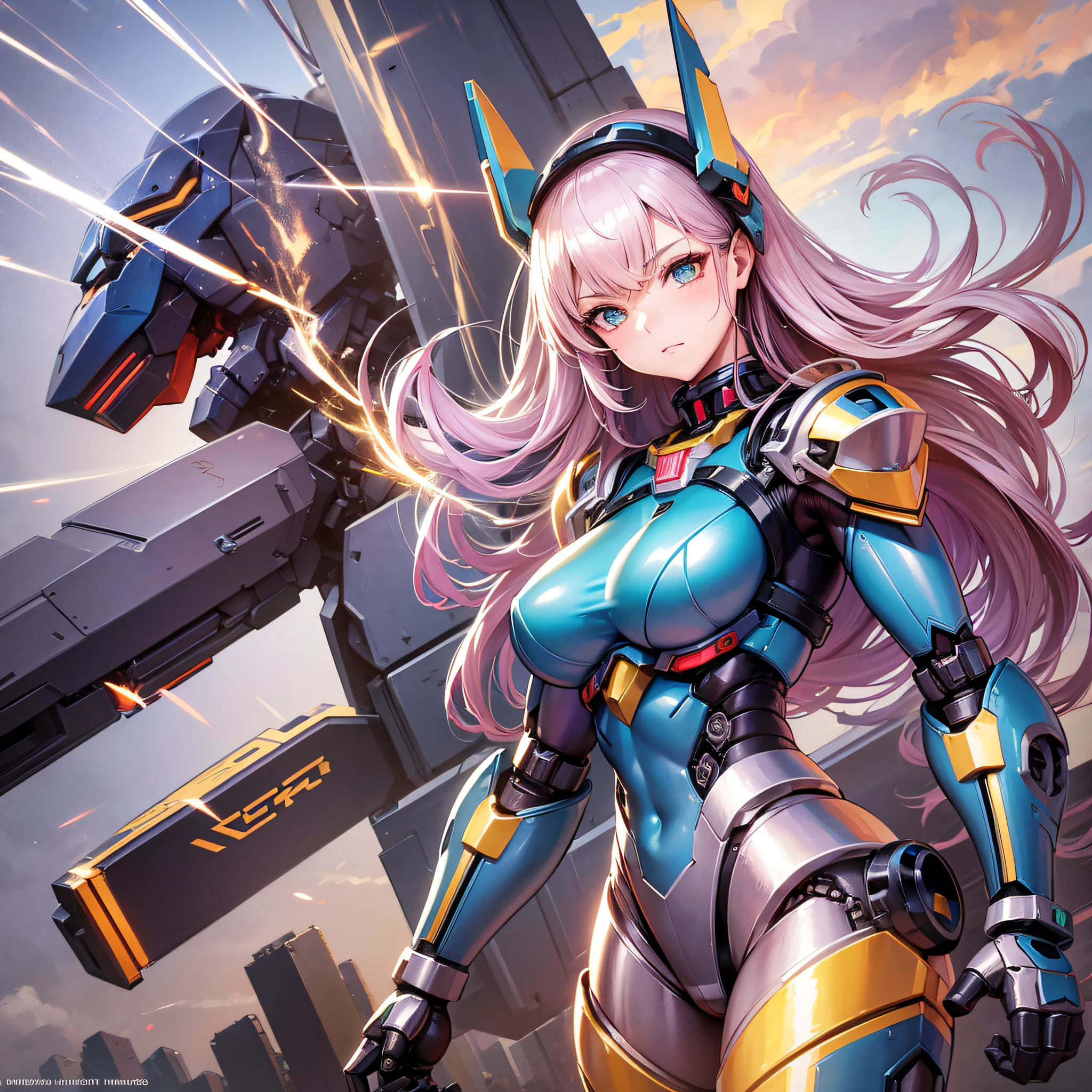 EvelynnAO, 1girl, solo, complete body, silver hair, yellow eyes, (masterpieces, 8K, HDR, extremely delicate and beautiful, best quality: 1.2), perfect anatomy, good anatomy, lilac armor, robot body, platform boots, futuristic city background, lilac helmet, legwears, running, smile, plasma cannon.