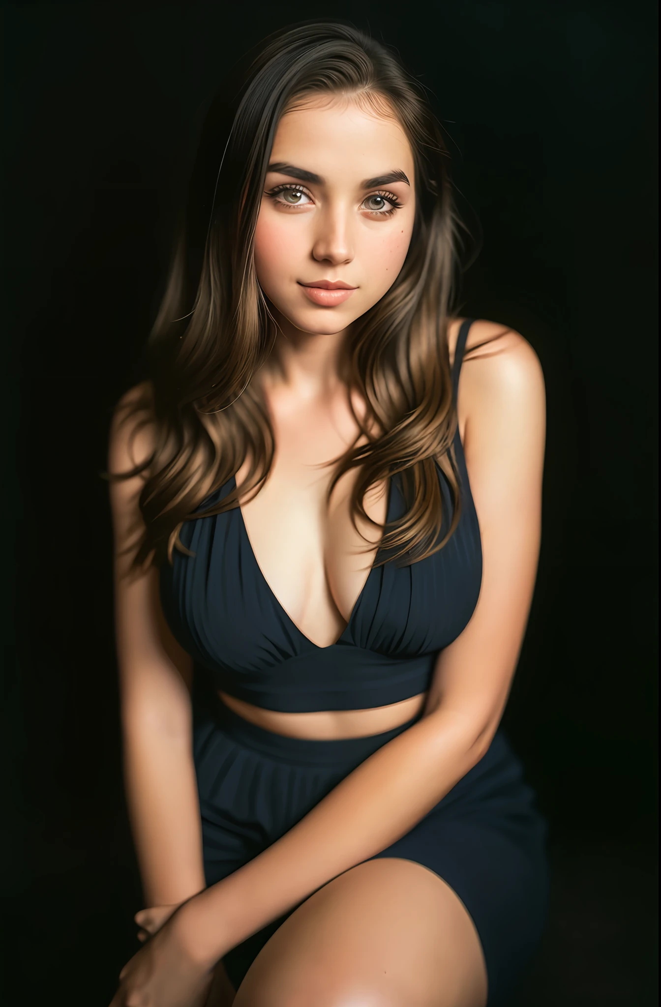 (sexy full body, gorgeous girl, editorial photograph of an 18-year-old woman kneeling, thick thigh, huge breasts, thumb sucking), (highly detailed face:1.4) (smile:0.7) (background inside dark, grumpy, private study:1.3) POV, by lee jeffries, nikon d850, film bank photography,4 kodak portra 400, camera f1.6 lens, rich colors, hyper realistic, realistic texture,  dramatic lighting, cinestill 800,
