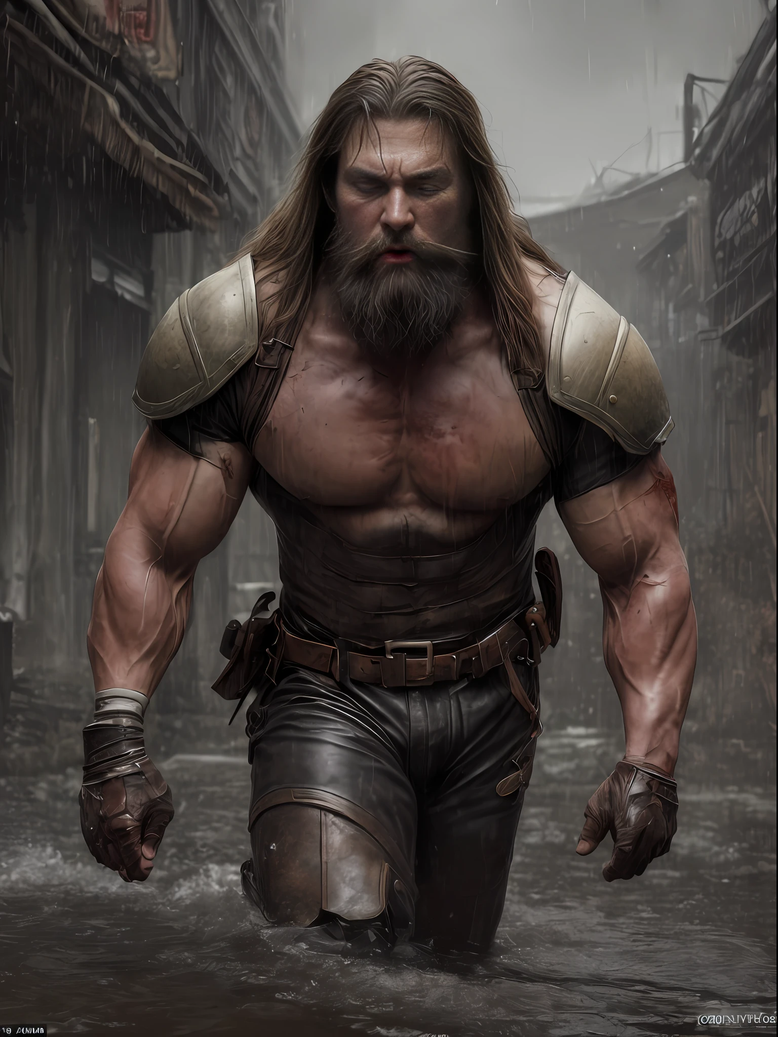 (Cinematic photo: 1.3) from (Ultra detailed: 1.3) photo of the world's most beautiful artwork with soft brilliance, ((heroic fantasy epic robust muscle wounded wounded angry man with long hair and long beard and fierce appearance in a dynamic posture)), chest, full face, (dark background: 1.4) (epic realistic, HDR, intricate details, hyper-detailed, cinematic, edge light, muted: 1.5), ((fantastic location, majestic and messy surroundings)), skin pores, very dark lighting, heavy shadows, detailed and detailed face, (realistic photo, dramatic, dark, sharp focus, 8K), (worn old and worn leather suit: 1.5), (intricate: 1.4), decadent, (very detailed: 1.4), octane, sharp focus, heavy rain, floating particles, (Cinemacolor: 1.3)