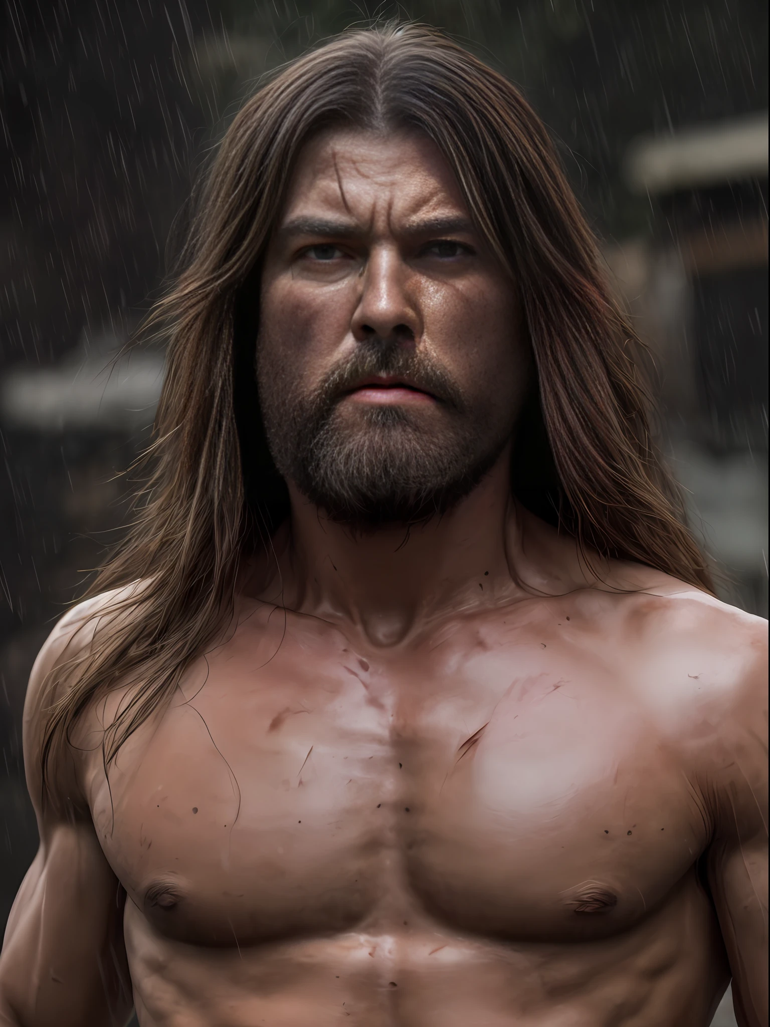 (Cinematic photo: 1.3) from (Ultra detailed: 1.3) photo of the world's most beautiful artwork with soft brilliance, ((heroic fantasy epic robust muscle wounded wounded angry man with long hair and long beard and fierce appearance in a dynamic posture)), chest, full face, (dark background: 1.4) (epic realistic, HDR, intricate details, hyper-detailed, cinematic, edge light,  muted: 1.5), ((fantastic location, majestic and messy surroundings)), skin pores, very dark lighting, heavy shadows, detailed and detailed face, (realistic photo, dramatic, dark, sharp focus, 8K), (worn old and worn leather suit: 1.5), (intricate: 1.4), decadent, (very detailed: 1.4), octane, sharp focus, heavy rain, floating particles, (Cinemacolor: 1.3)