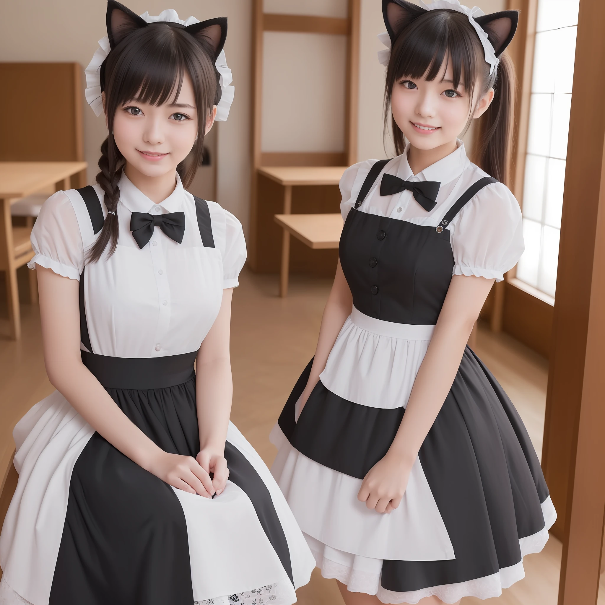 (1girl),(delicate photograph1.3),hyper detailed,(masterpiece:1),(best quality:1.4),(ultra highres:1.2),(photorealistic:1.4),short,(8k, RAW photo:1.2),(sharp focus:1.3),1girl, Japan high school girl with black hair, full body, black eyes, black and white maid clothes and cat ears, 18 years old, maid café, shoulders out, shy laughter