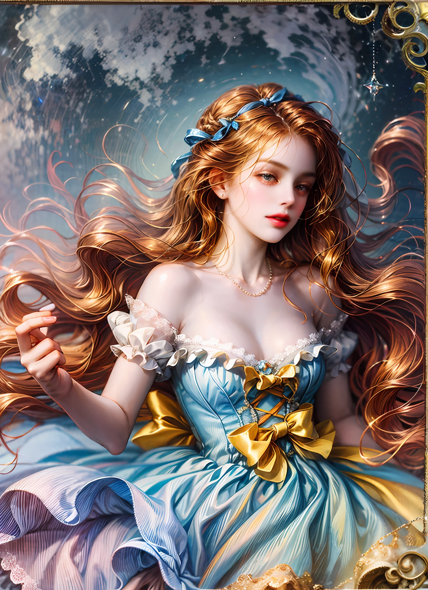 Super gorgeous, maximal, shiny, cinematic lighting, curls, roman curls, frills, misty, alice in wonderland, dramatic composition, extreme detail, high resolution, ta dress, bow, pearl necklace, lace gloves, bow, ribbon, floating, levitating, fly, misty, starly, dreamy