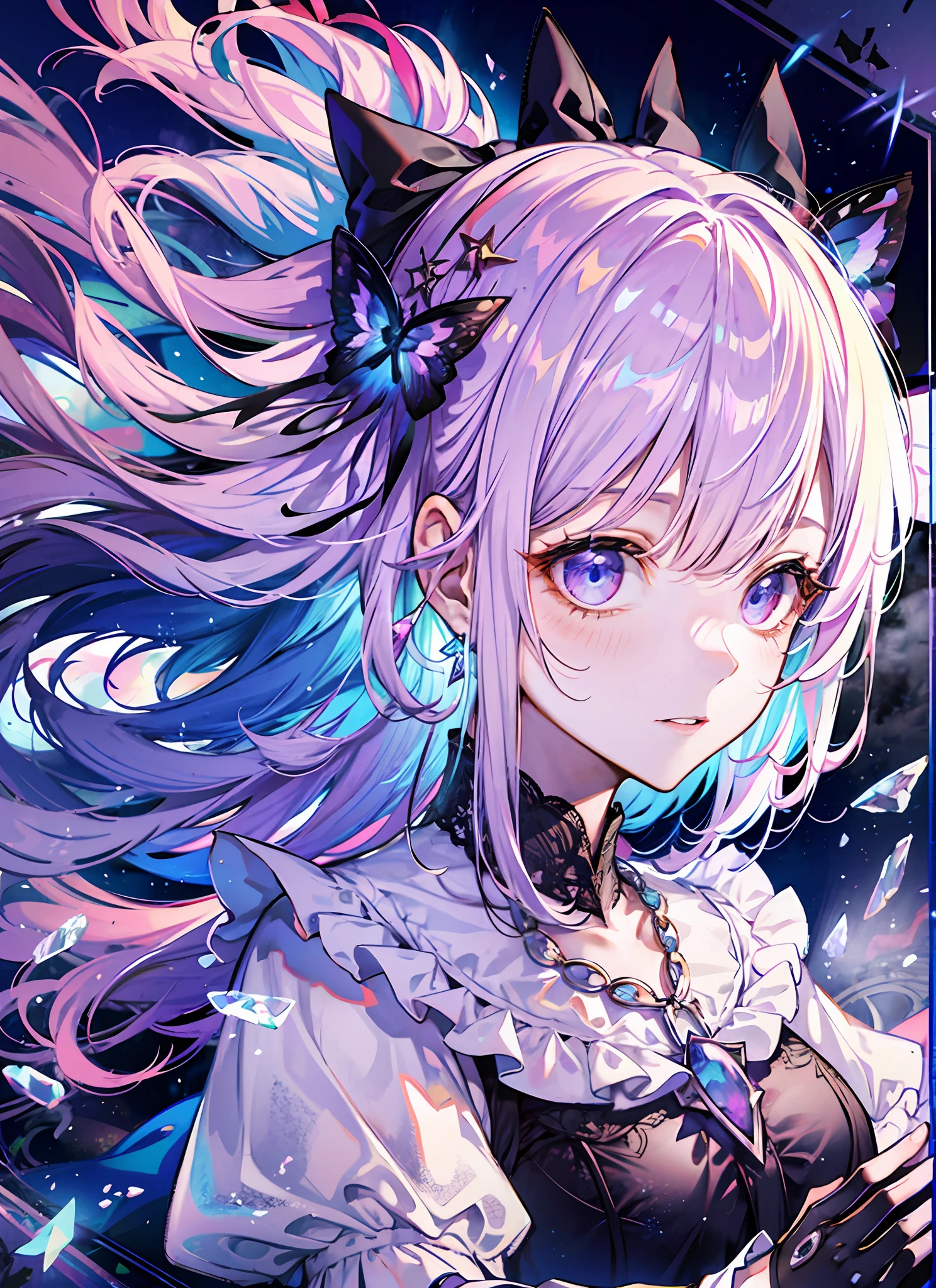 Super gorgeous, maximal, shiny, cinematic lighting, curls, roman curls, frills, misty, alice in wonderland, dramatic composition, extreme detail, high resolution, lolita dress, bow, pearl necklace, lace gloves, bow, ribbon, floating, levitating, fly, misty, starly, dreamy