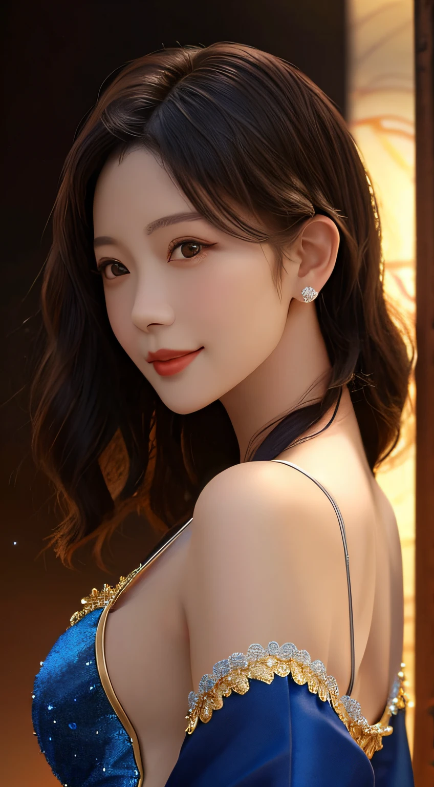 best quality, masterpiece, 1 girl, beautiful face, (photo photorealistic:1.3), edge lighting, (high detail skin:1.2), 8k ultra hd, DSLR, high quality, high resolution, 4k, 8k, bokeh, absurd, best ratio four fingers and one thumb, (realistic:1.3), cute 1girl, smile back, bright and radiant eyes, cute, wearing Chinese golden wisp costume, medium breasts,