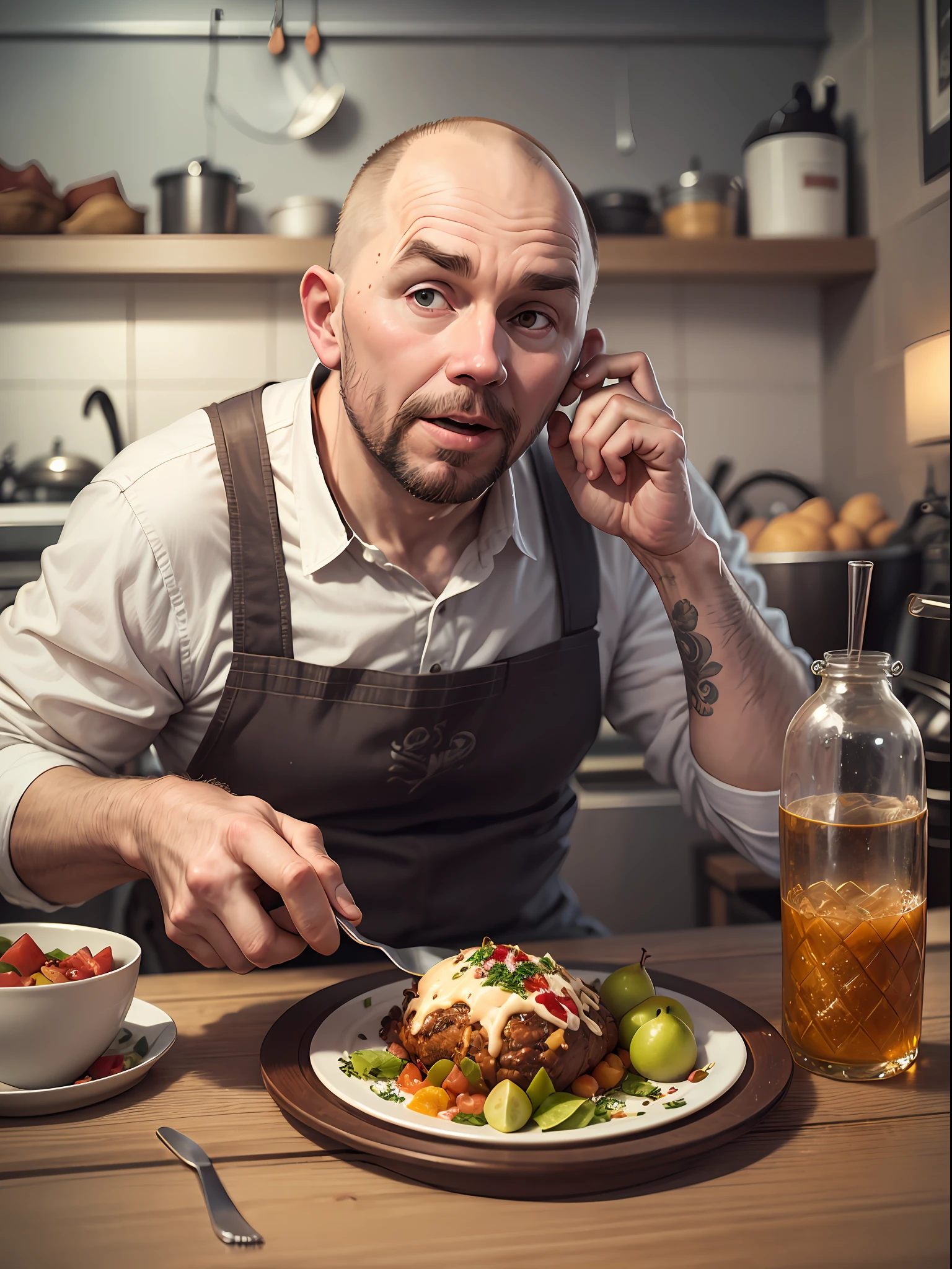 there is a man that is sitting at a table with a plate of food, peter dutton as a potato, a character based on a haggis, onion man portrait, portrait of karl pilkington, onion man, karl pilkington, cooking show, super realistic food picture, human onion hybrid, food commercial 4 k, gary oldman as a pear --auto --s2