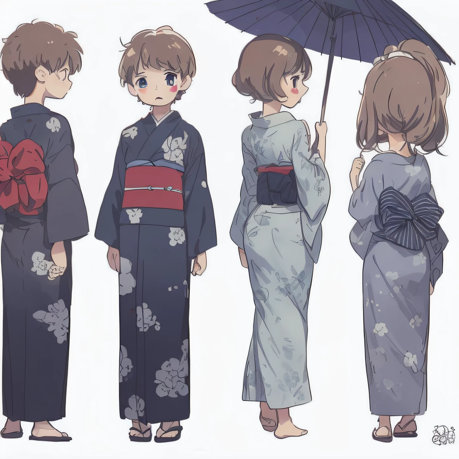 White background, character sheet, many angles, cute illustrations, logo design, brown hair, lots of small figures, back view of boy and girl, holding umbrella, summer, yukata, masterpiece, high quality