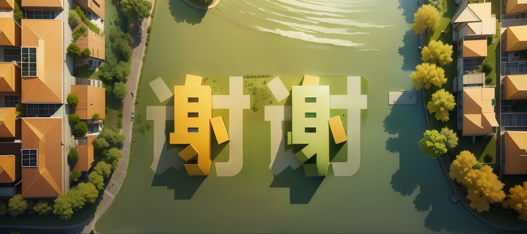 Town planning, aerial view of the school, mountains and rivers, greenery, yellow trees, blue trees