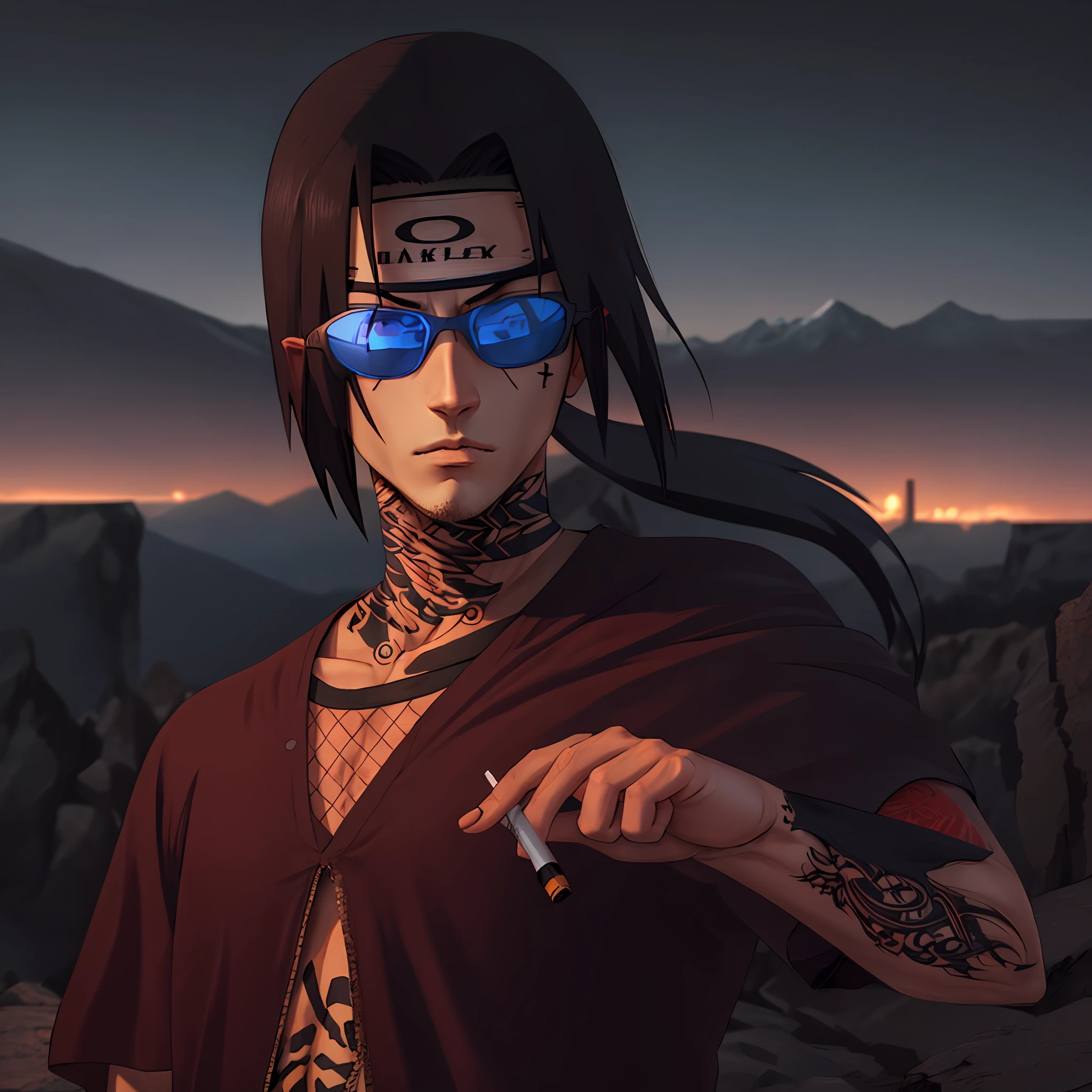 male anime character, ninja, with black hair and tattoos, wearing blue reflective Oakley glasses, Oakley ninja bandana, itachi uchiha, cigarette in hand, background of rocks, mountains, at night.