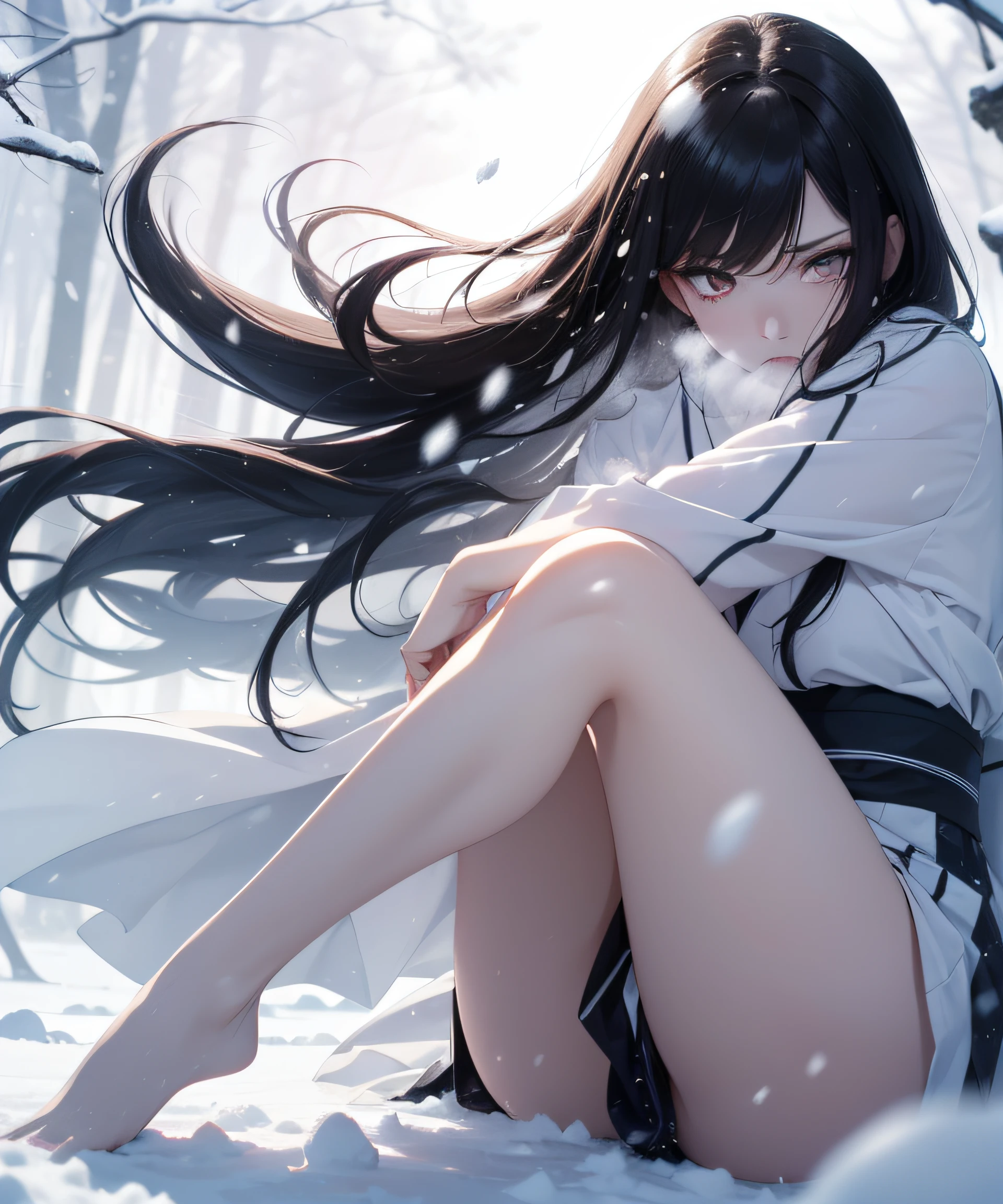 A woman sitting in the snow with long black hair - SeaArt AI