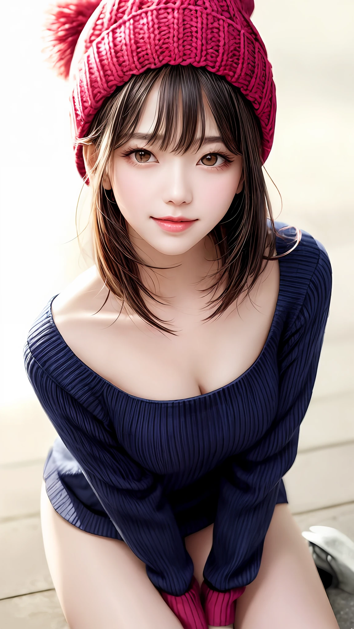 Pee (incontinence: 1.47), fashion trendy beautiful and attractive woman, gentle and attractive Chinese beautiful woman, Korean (kpop idol), delicate and sexy collarbone, attractive oval face, double eyelids, smart [peach] flower eyes, pink lips, small nose, bare shoulders, focus on face, [[face close-up], ultra high definition, super detail, White off-shoulder lace shirt, (((white lace panties), fresh and impressive, natural (large: 1.25), (kneel on the ground), (legs wide open), (legs spread), (from a low angle), (upright 1.5), (shiny skin: 1.4), (low angle)), perfect figure, areola, cleavage, armpit wrinkles, (floor urine)), (NSFW: 1.05), ( Showpiece, top quality, high precision)), one girl, (big, photorealistic: 1.4), (slightly above the camera, looking up at the camera, looking up, looking up at the camera, staring at the camera))), solo, solo, white background, snow-white background, mouth closed, happy smile, pretty black hair, short hair, big eyes, pronounced double eyelids, eyelashes, ears out, long neck, long neck, Absolute area, ((close-up of face, short hair with bangs)), 19 years old, attractive proportions, shiny skin, clean collarbone, golden ratio face, perfect face, teardrop mole, chest mole, bangs, clean bangs, beautiful bangs, lip gloss, thin lips, white skin, undressed, big breasts, small face, staring at the camera a little upwards, ((smiling a little at the camera, really nothing pure white backgroundBig big, big breasts, very big)), ((((uniform, shirt, knitted hat)))