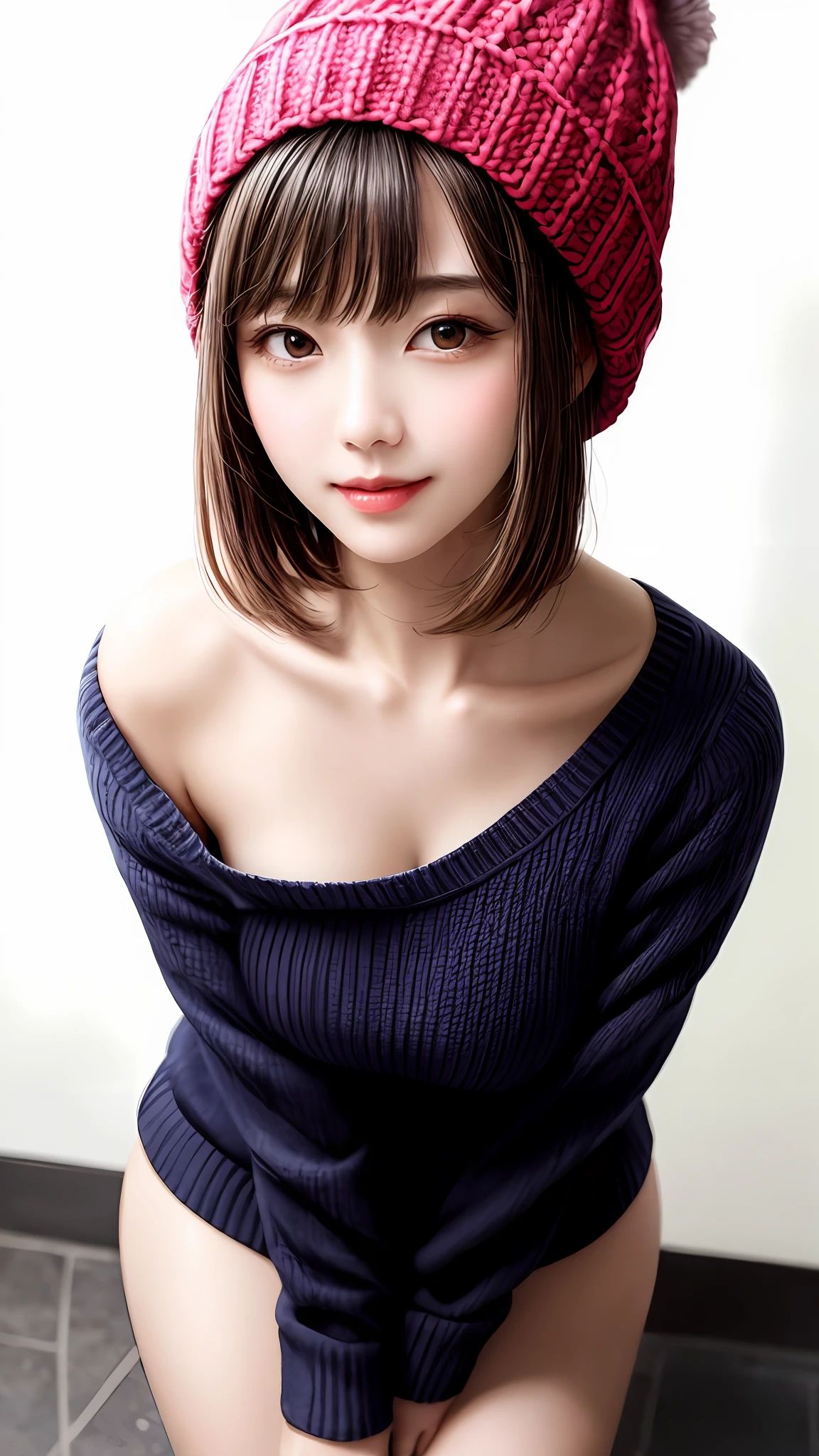 Pee (incontinence: 1.47), fashion trendy beautiful and attractive woman, gentle and attractive Chinese beautiful woman, Korean (kpop idol), delicate and sexy collarbone, attractive oval face, double eyelids, smart [peach] flower eyes, pink lips, small nose, bare shoulders, focus on face, [[face close-up], ultra high definition, super detail, White off-shoulder lace shirt, (((white lace panties), fresh and impressive, natural (large: 1.25), (kneel on the ground), (legs wide open), (legs spread), (from a low angle), (upright 1.5), (shiny skin: 1.4), (low angle)), perfect figure, areola, cleavage, armpit wrinkles, (floor urine)), (NSFW: 1.05), ( Showpiece, top quality, high precision)), one girl, (big, photorealistic: 1.4), (slightly above the camera, looking up at the camera, looking up, looking up at the camera, staring at the camera))), solo, solo, white background, snow-white background, mouth closed, happy smile, pretty black hair, short hair, big eyes, pronounced double eyelids, eyelashes, ears out, long neck, long neck, Absolute area, ((close-up of face, short hair with bangs)), 19 years old, attractive proportions, shiny skin, clean collarbone, golden ratio face, perfect face, teardrop mole, chest mole, bangs, clean bangs, beautiful bangs, lip gloss, thin lips, white skin, undressed, big breasts, small face, staring at the camera a little upwards, ((smiling a little at the camera, really nothing pure white backgroundBig big, big breasts, very big)), ((((uniform, shirt, knitted hat)))