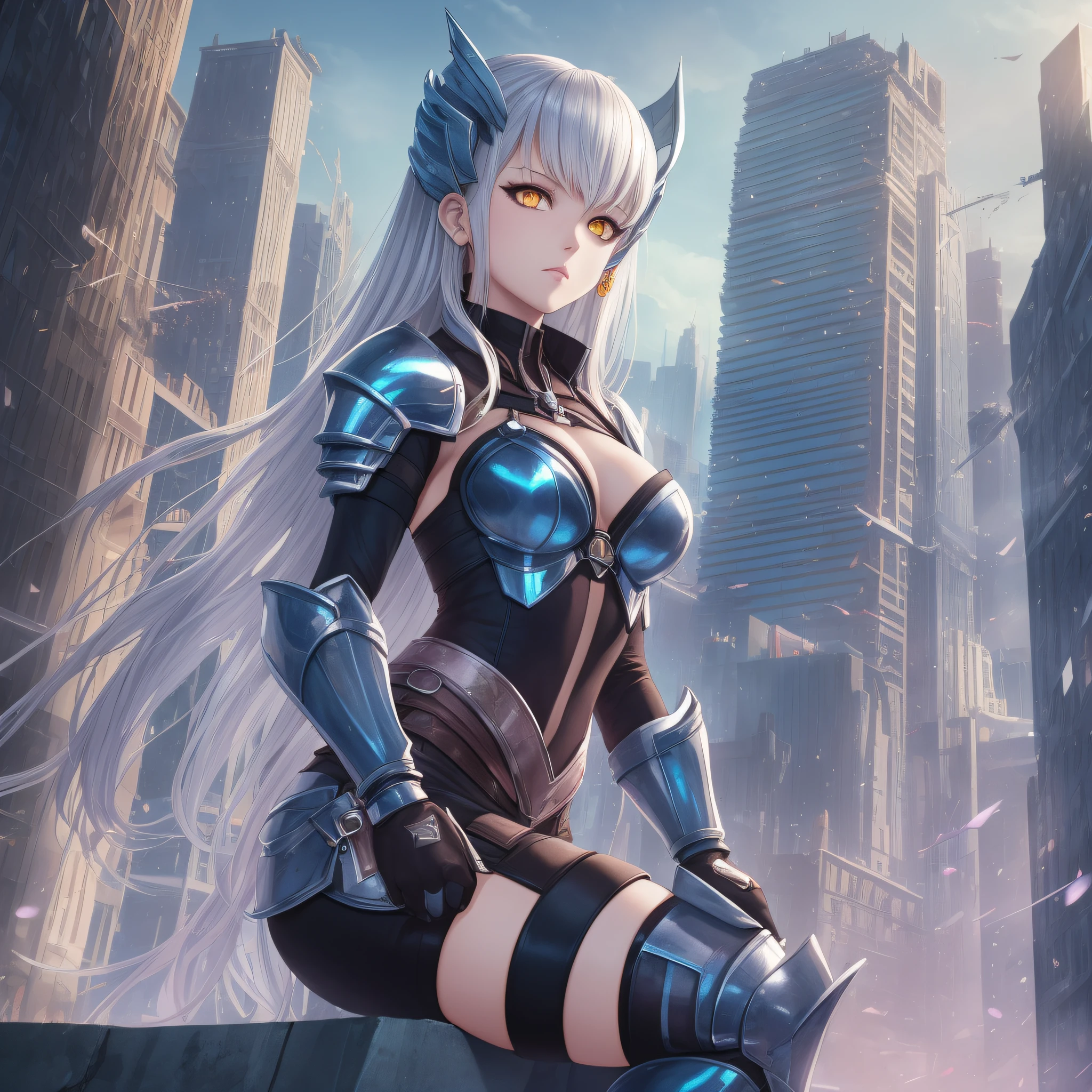 EvelynnAO, 1girl, solo, complete body, silver hair, yellow eyes, (masterpieces, 8K, HDR, extremely delicate and beautiful, best quality: 1.2), perfect anatomy, good anatomy, futuristic cyan armor, platform boots, city background, helmet, legwears.