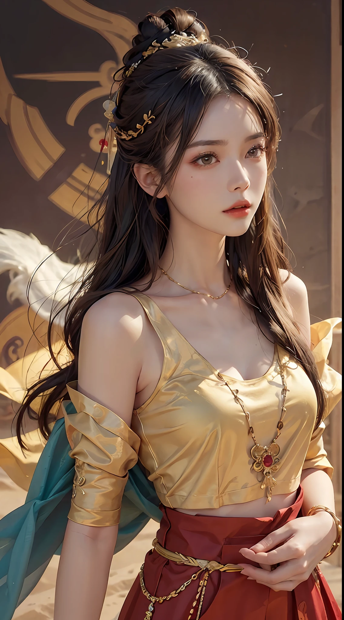 (RAW, Best Quality), Realistic, (Photorealistic Real: 1.3), Best Quality, High Detail, Masterpiece, Extremely detailed, Illustration, 1 25 year old goddess, upper body , Dynamic Angle, mess_long_hair, Best Quality, 8k Wallpaper, extremely detailed dunhuang uniform, Ink, Amazing, Cinematic Lighting, lens_flare, dunhuang_style dress, Sexy, Crop Top, Delicate Collarbone, Patterned Stockings, Gold Pattern all over her body, an ancient goddess, a hanfu-style silk ao dai, a silk dune costume, (dunhuang phi-tian style: 1.8) (fiction dunhuang landscape: 1.8), face beautiful and detailed makeup, thin black eyebrows, detailed eye makeup, big round yellow eyes, high nose, hair in a bun, jewelry on the head and neck, big and regular breasts, round hand on the wrist, jewelry on the goddess dune's shirt, small tattoo in the middle of the goddess dune,