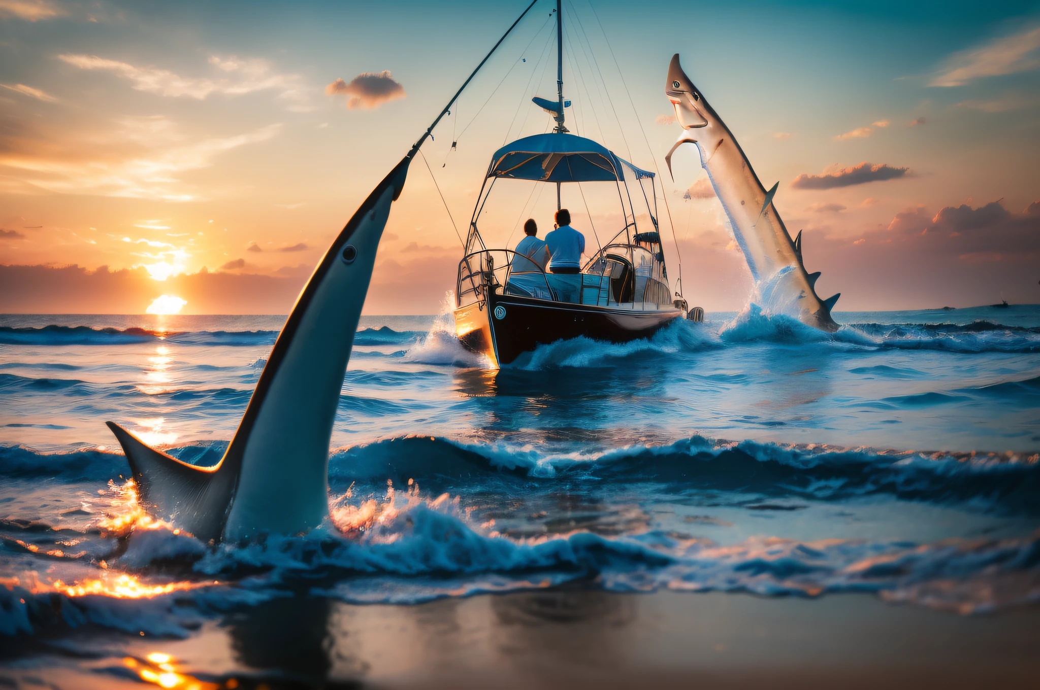 On the beach, many people are taking pictures, yachts, sharks, water ghosts, fish, fishing rods, fishing, super wide angle, depth of field