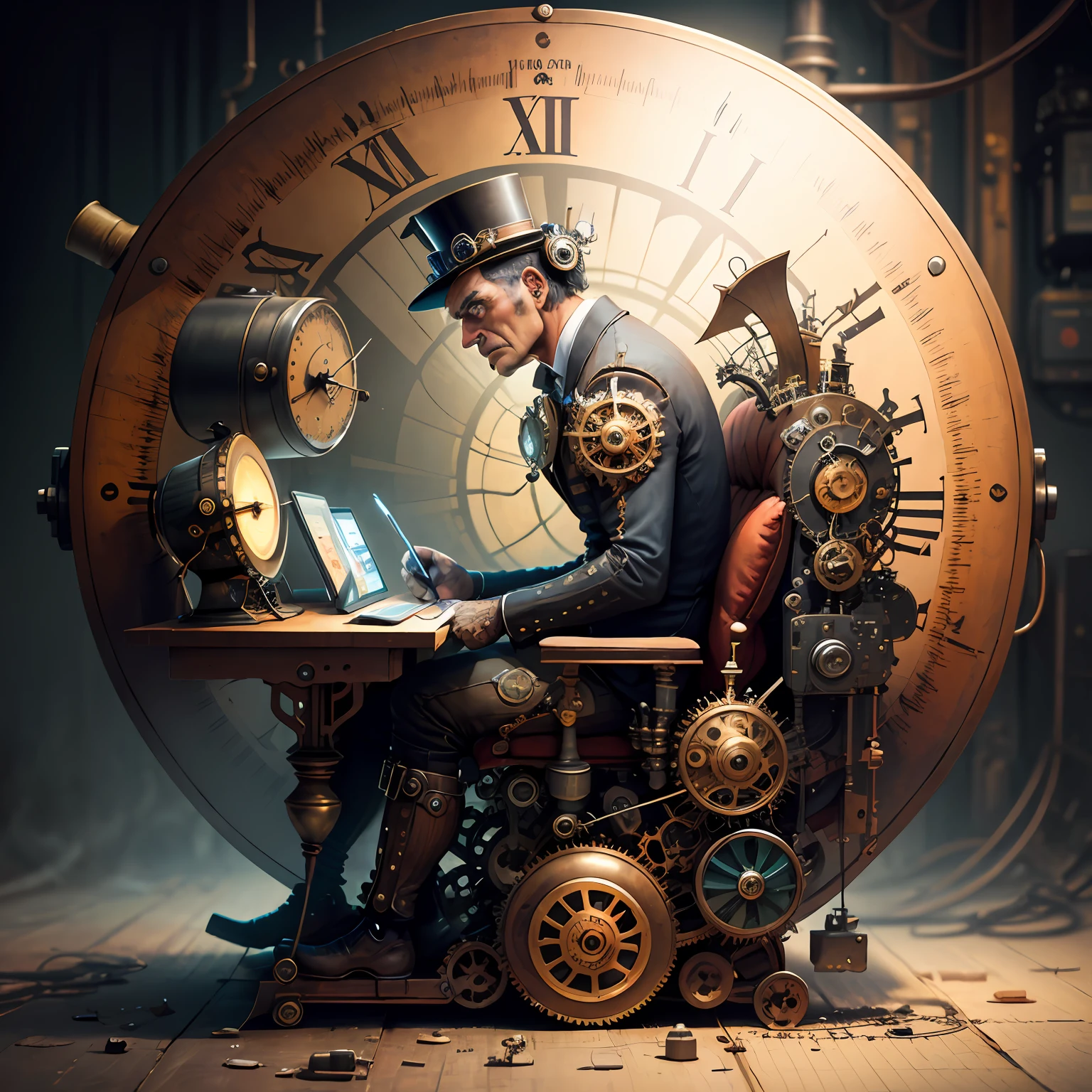 steampunkai, inventor working on a timemachine