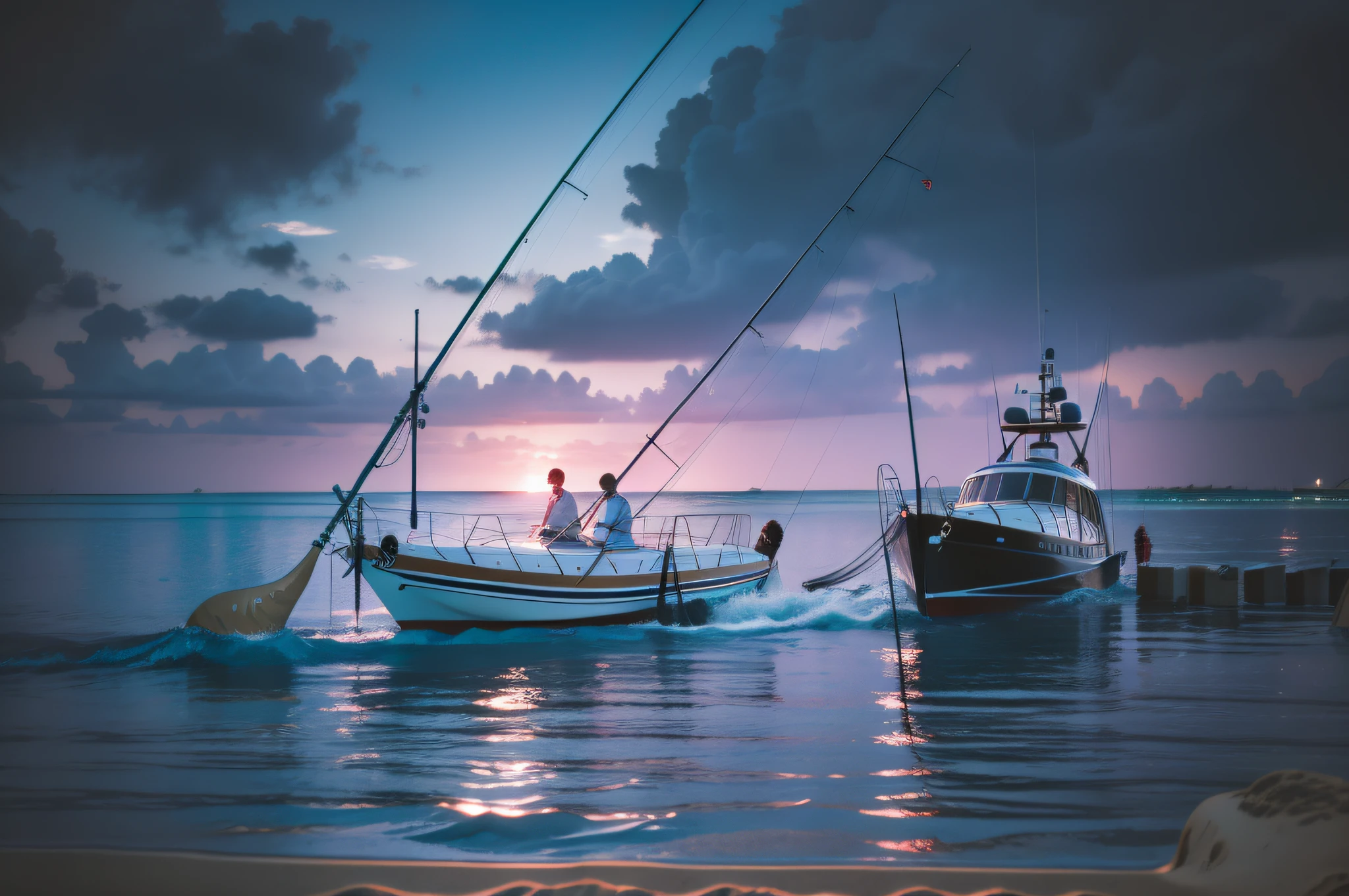 Dark style, beach, many people taking pictures, yachts, sharks, water ghosts, fish, fishing rods, fishing, super wide angle, depth of field